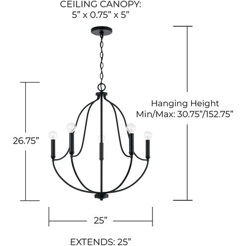 Madison 5 Light 25 inch Matte Black Chandelier Ceiling Light