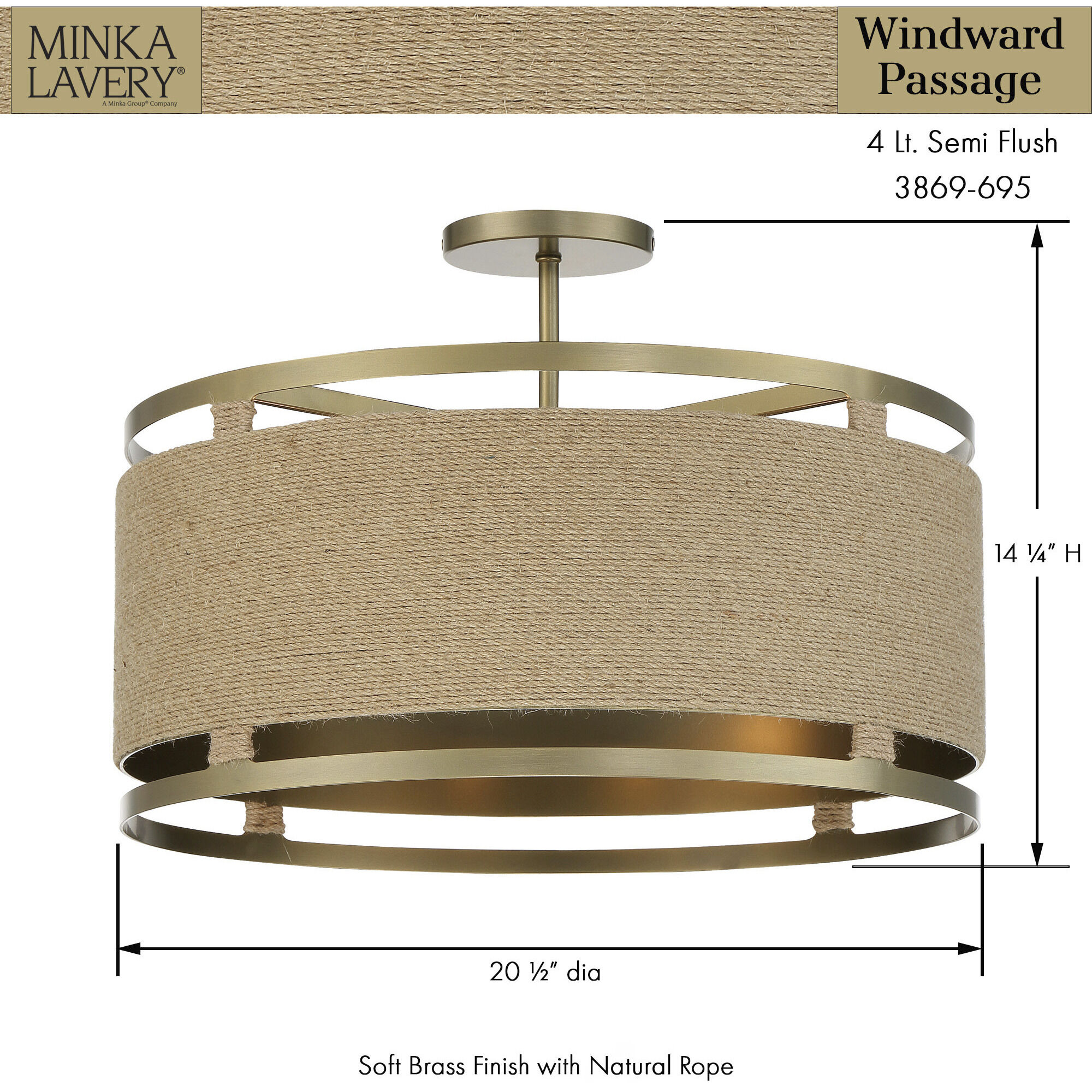 Windward Passage 4 Light 21 inch Soft Brass Semi Flush Mount Ceiling Light
