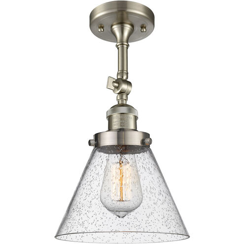 Franklin Restoration Large Cone LED 8 inch Brushed Satin Nickel Semi-Flush Mount Ceiling Light in Seedy Glass, Franklin Restoration