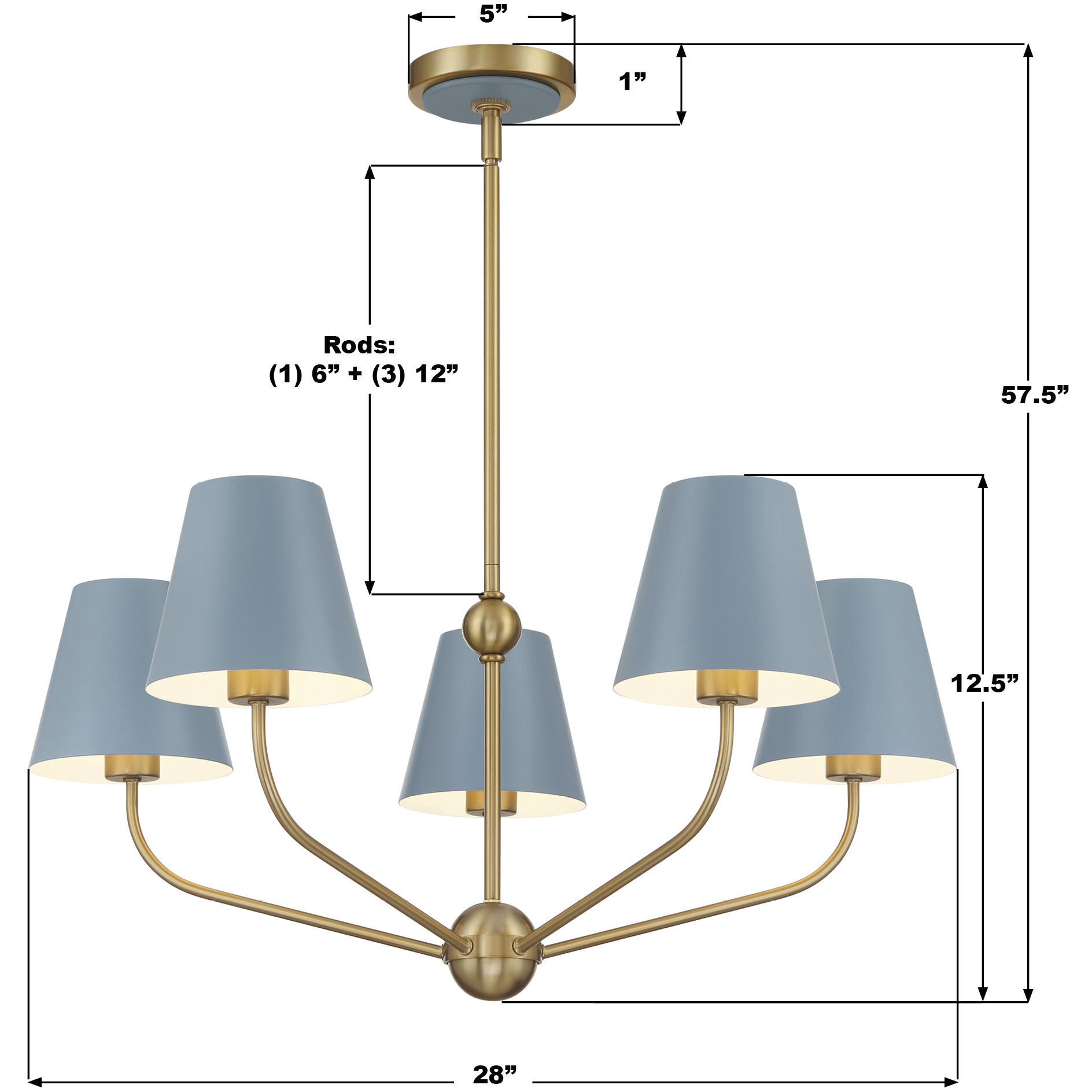 Xavier 5 Light 28 inch Vibrant Gold Chandelier Ceiling Light in Vibrant Gold and Blue