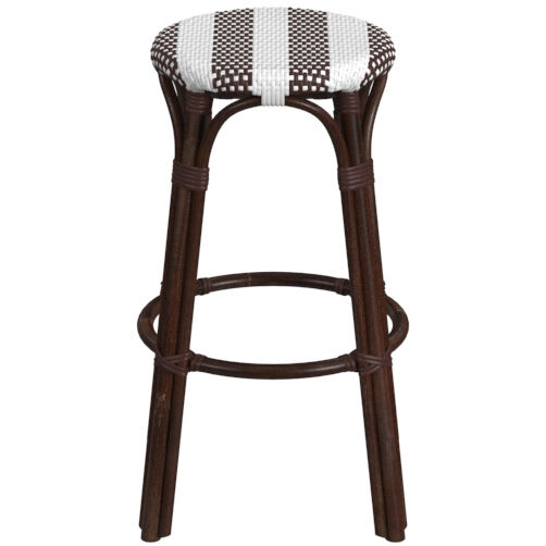 Tobias Round Rattan 30" Bar Stool in White and Brown Stripe