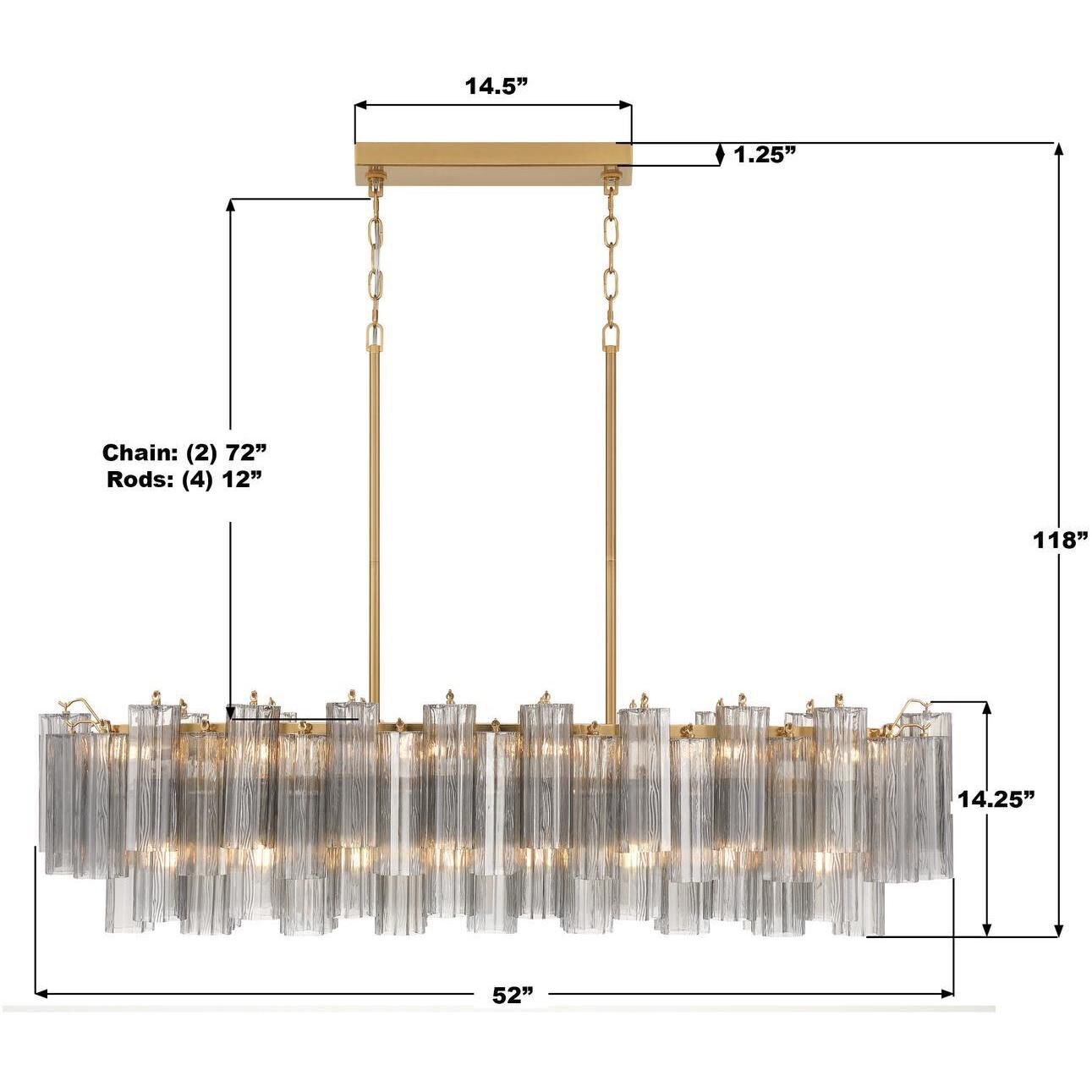 Addis 14 Light 51.75 inch Aged Brass Linear Chandelier Ceiling Light in Tronchi Glass Smoke