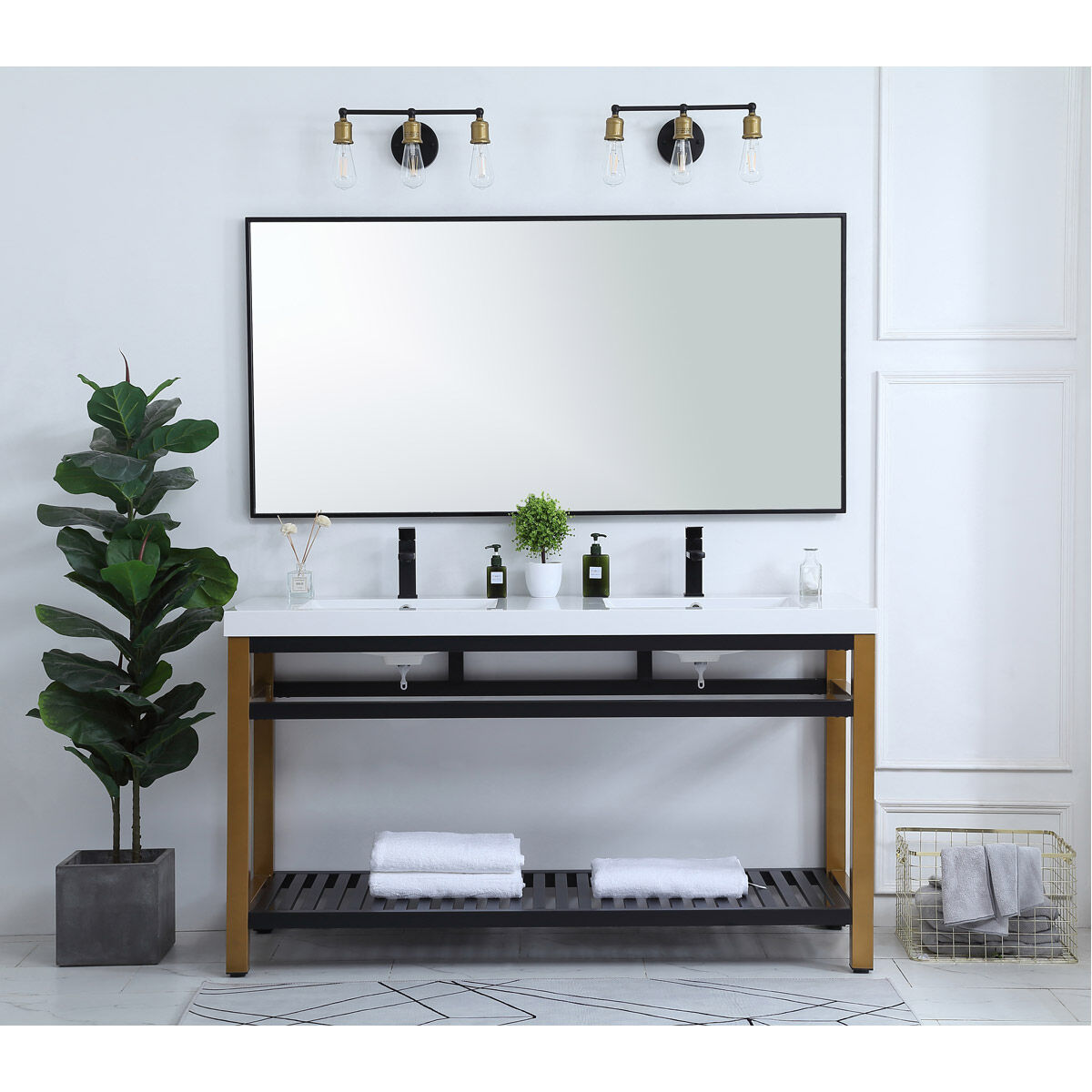 Raya 60 X 22 X 34 inch Gold and Black with White Vanity Sink Set