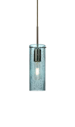 Juni 1 Light Bronze Pendant Ceiling Light in Blue Bubble Glass