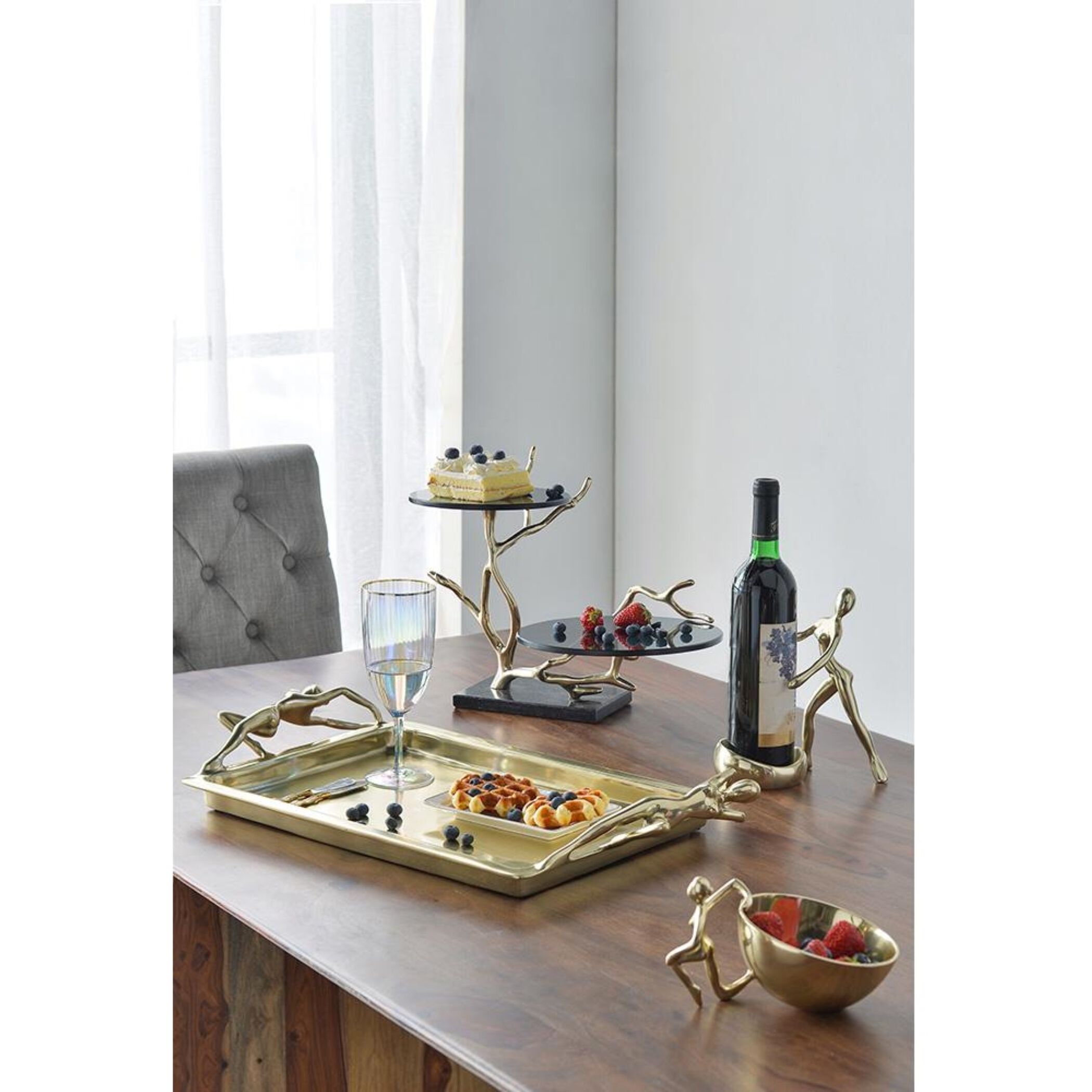 Anita 16.9 X 12.4 inch Polished Gold Finished Aluminum with Black Float Glass/Black Granite Base Cake Stand