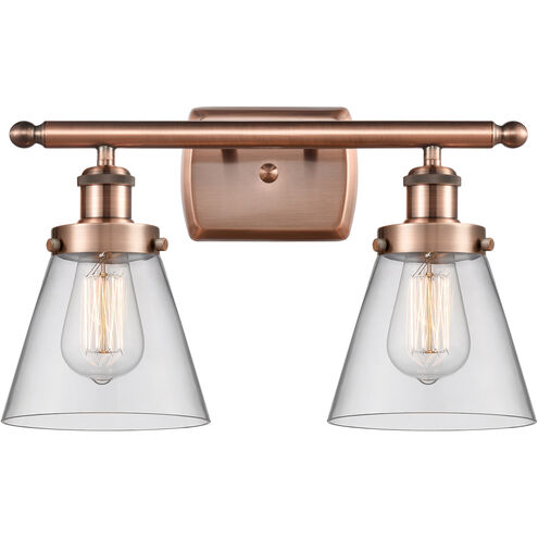 Ballston Small Cone 2 Light 16 inch Antique Copper Bath Vanity Light Wall Light in Clear Glass