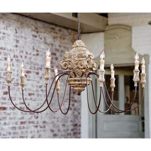 Wood Carved 8 Light 49 inch Distressed Painted Chandelier Ceiling Light