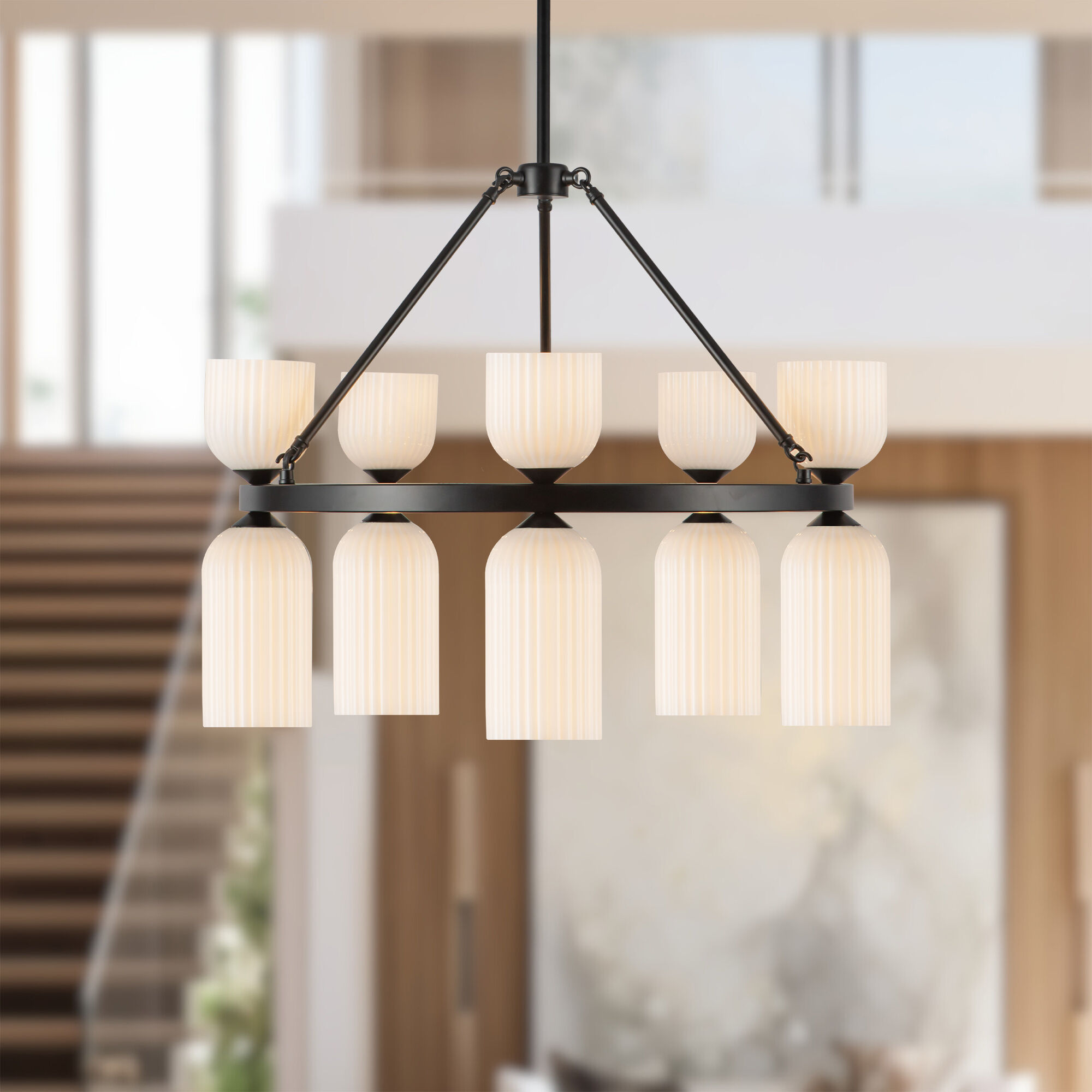 Alora Mood Nelly 10 Light 25.88 inch Matte Black/Glossy Ribbed Opal Glass Chandelier Ceiling Light in Glossy Opal Ribbed Glass Shade