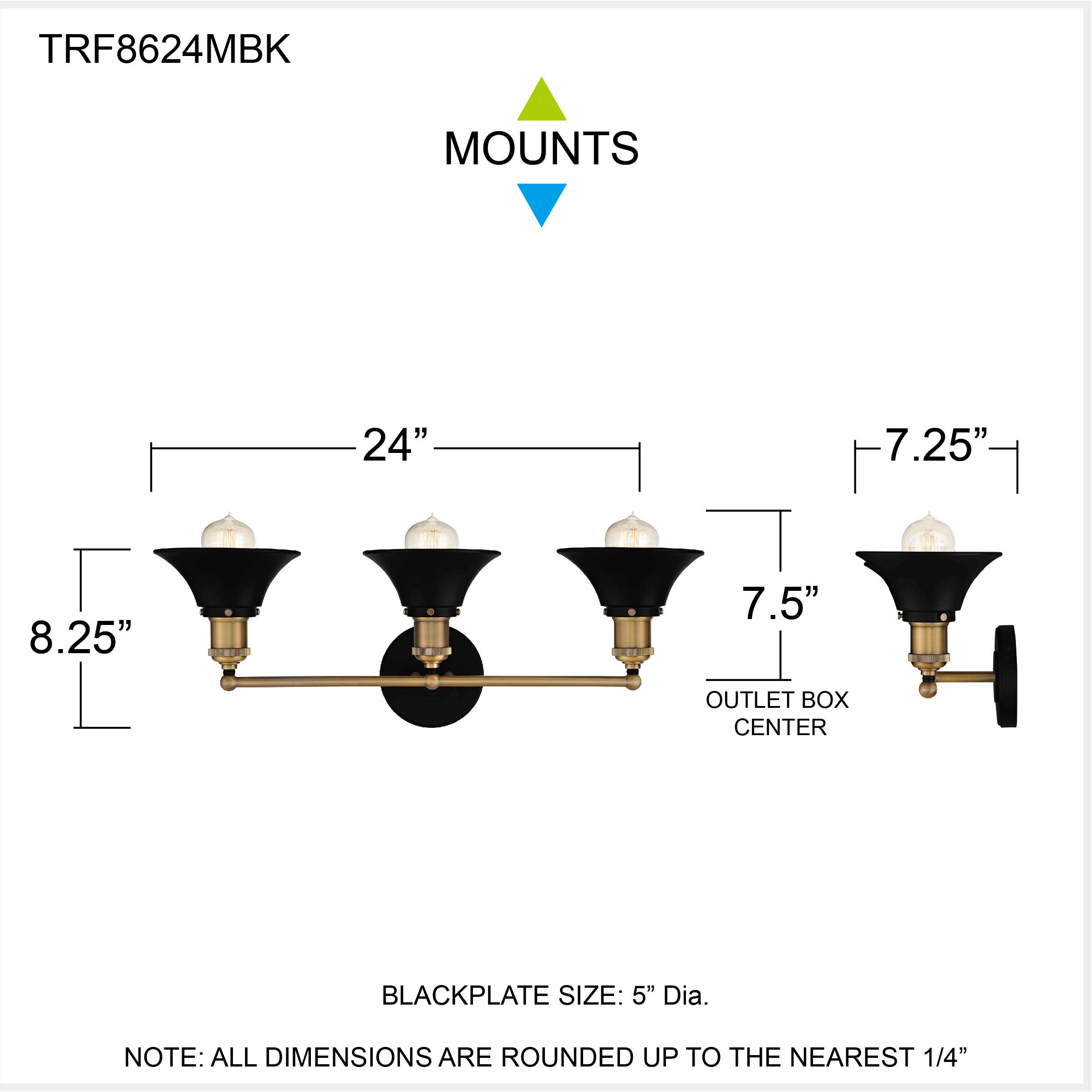 Trafalgar 3 Light 24 inch Matte Black Bath Light Wall Light