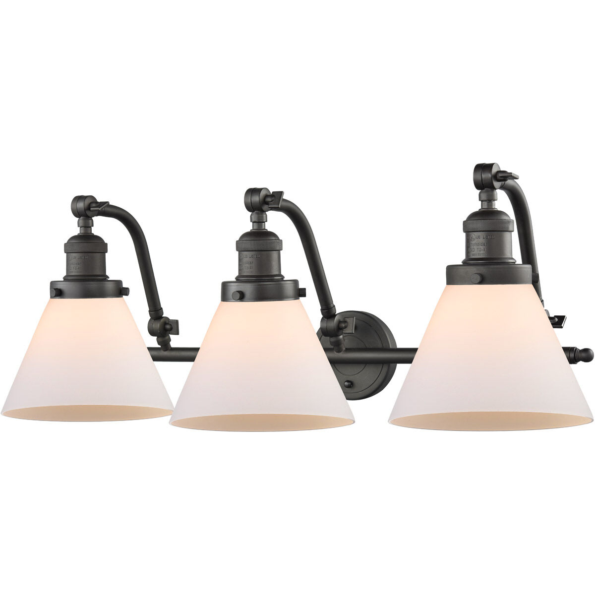 Franklin Restoration Large Cone 3 Light 28 inch Oil Rubbed Bronze Bath Vanity Light Wall Light in Matte White Glass, Franklin Restoration