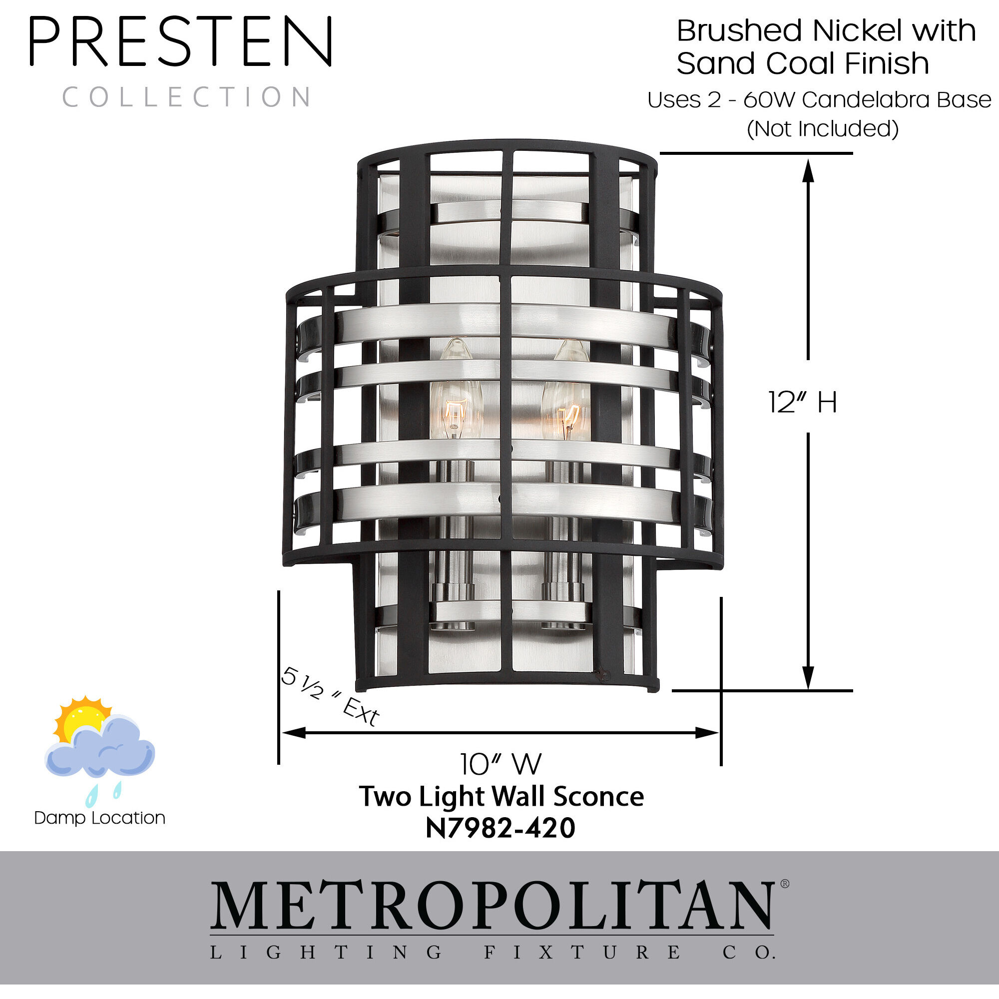 Presten 2 Light 10 inch Brushed Nickel with Sand Coal Wall Sconce Wall Light