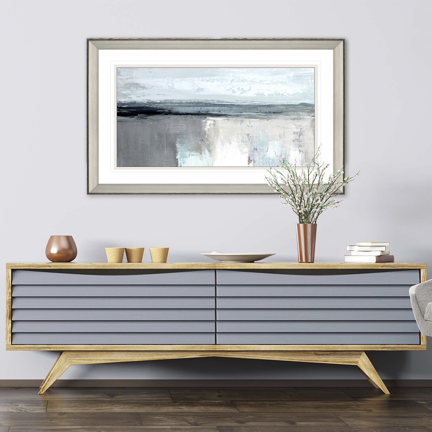 Moody Coast Blue and Black and Gray and White Framed Art