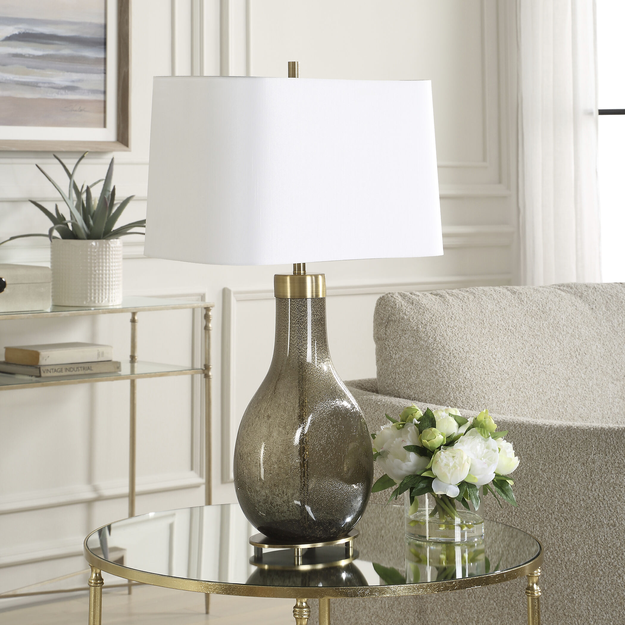Shyla 29.25 inch 150 watt Dark Moss Seeded Glass and Plated Brushed Brass Table Lamp Portable Light