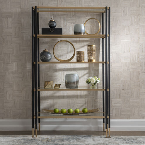 Kentmore 79 X 47 inch Matte Black and Brushed Gold with Clear Glass Etagere