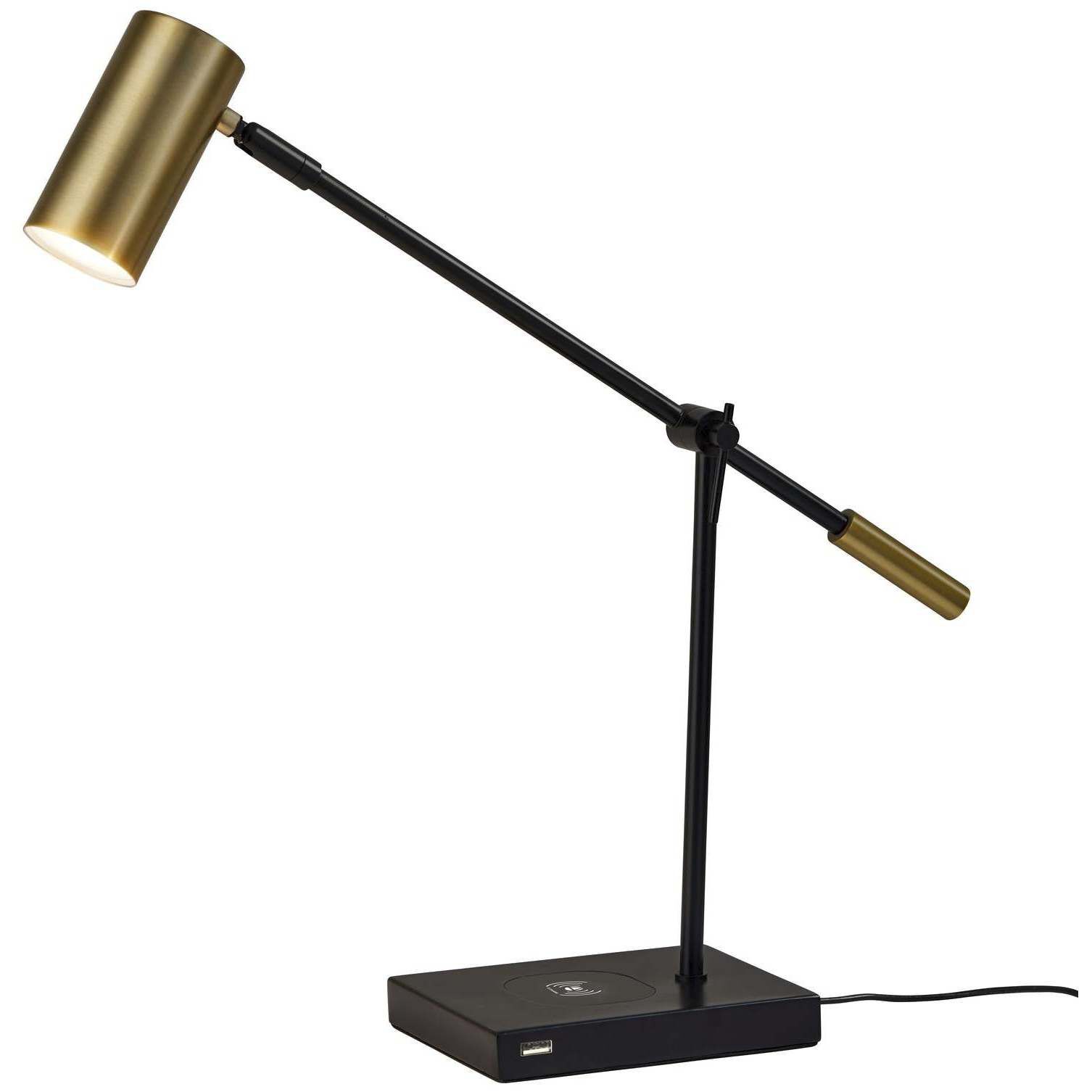 Adesso 4217 01 Collette 12 inch 7.00 watt Black and Antique Brass Desk Lamp Portable Light with AdessoCharge Wireless Charging Pad and USB Port