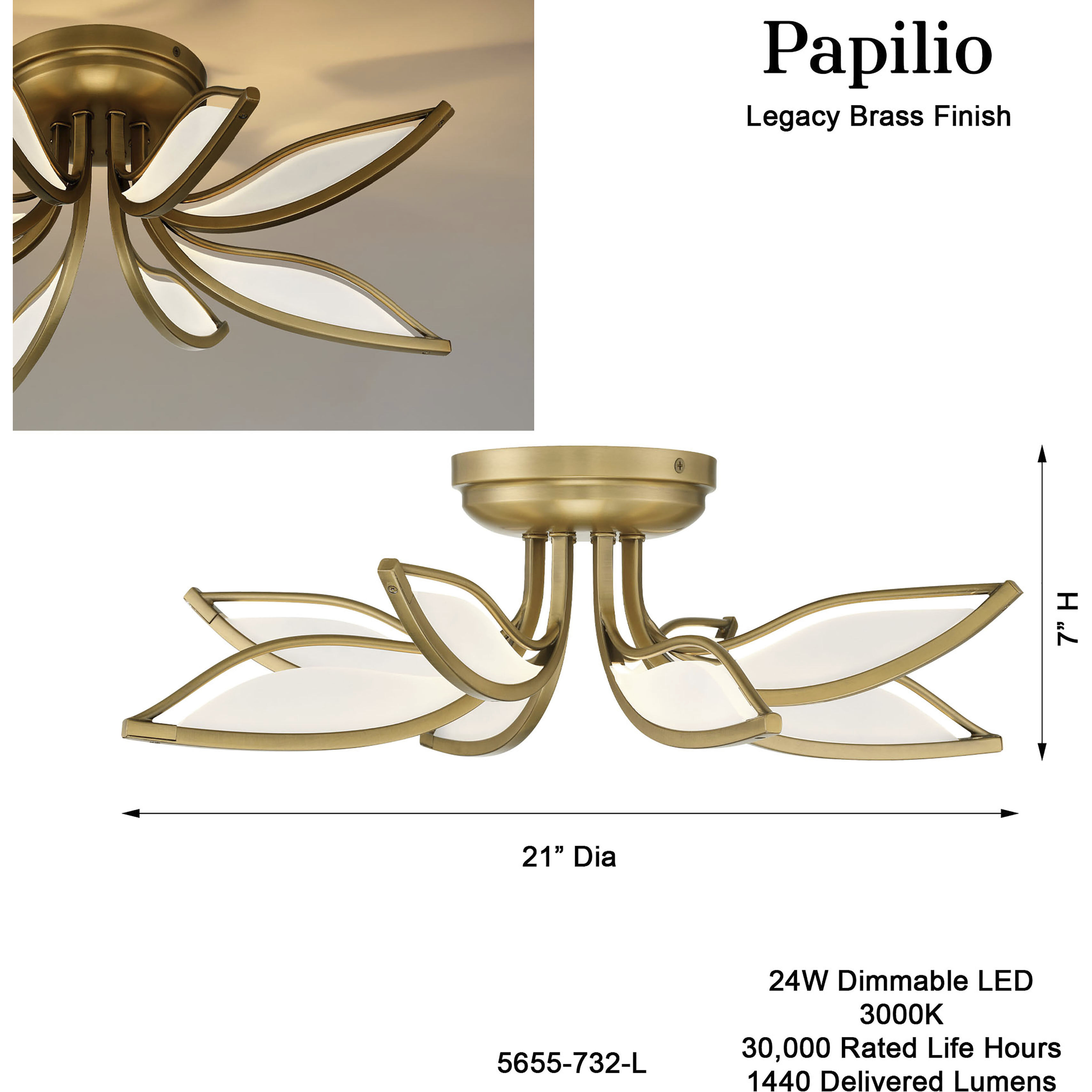 Papilio LED 21 inch Legacy Brass Flush Mount Ceiling Light