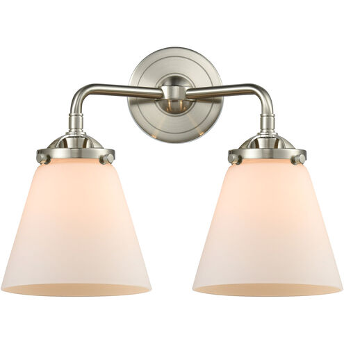 Nouveau Small Cone 2 Light 14 inch Brushed Satin Nickel Bath Vanity Light Wall Light in Matte White Glass, Nouveau