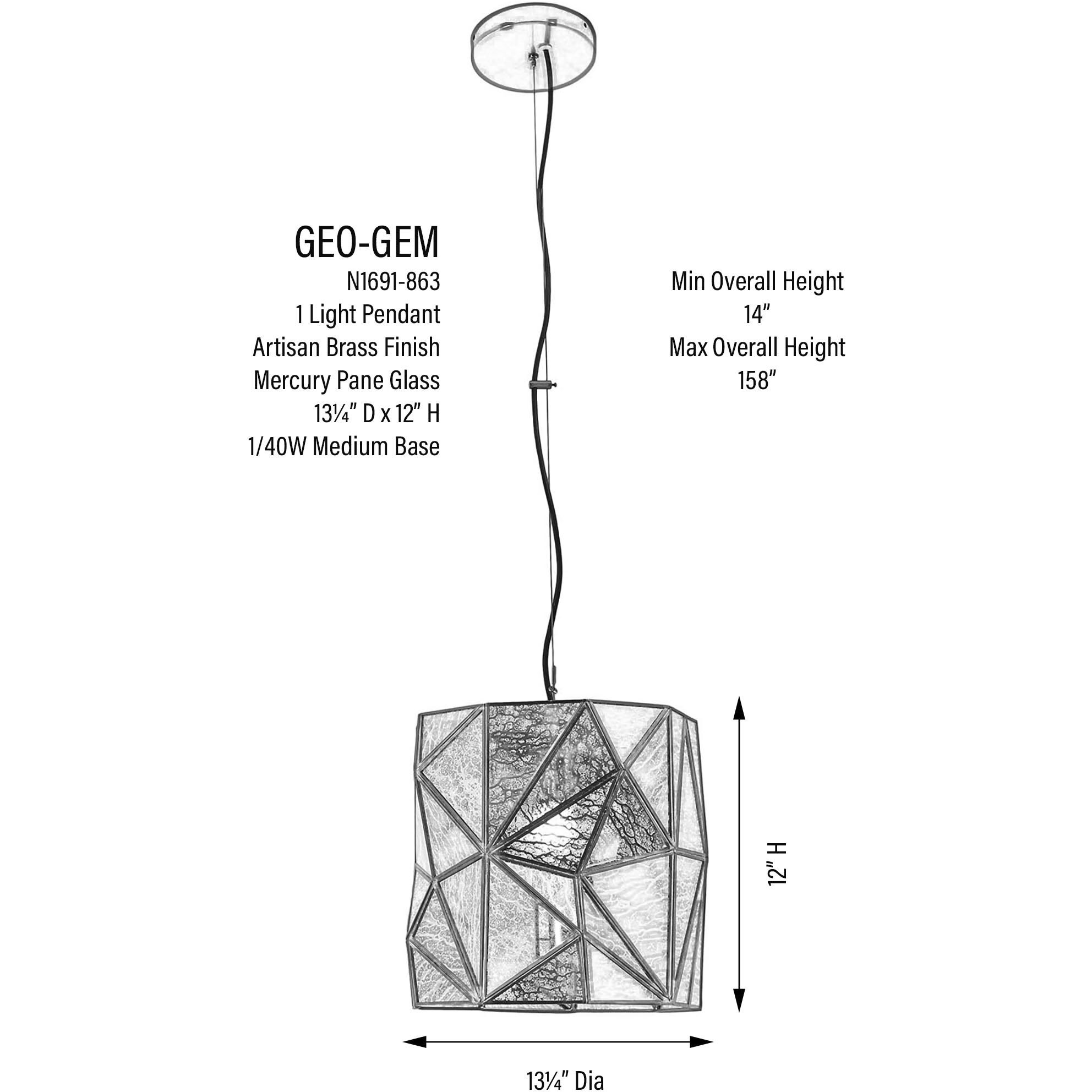 Geo-Gem 1 Light 13.2 inch Brass Antique Mini Pendant Ceiling Light