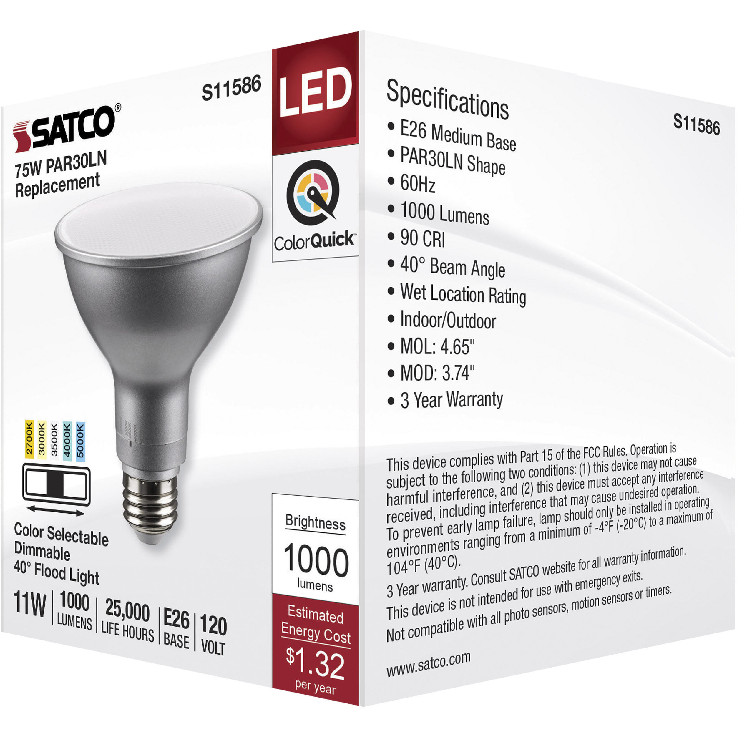 Lumos LED Medium PAR30LN 11 watt 2700K/3000K/3500K/4000K/5000K Light Bulb