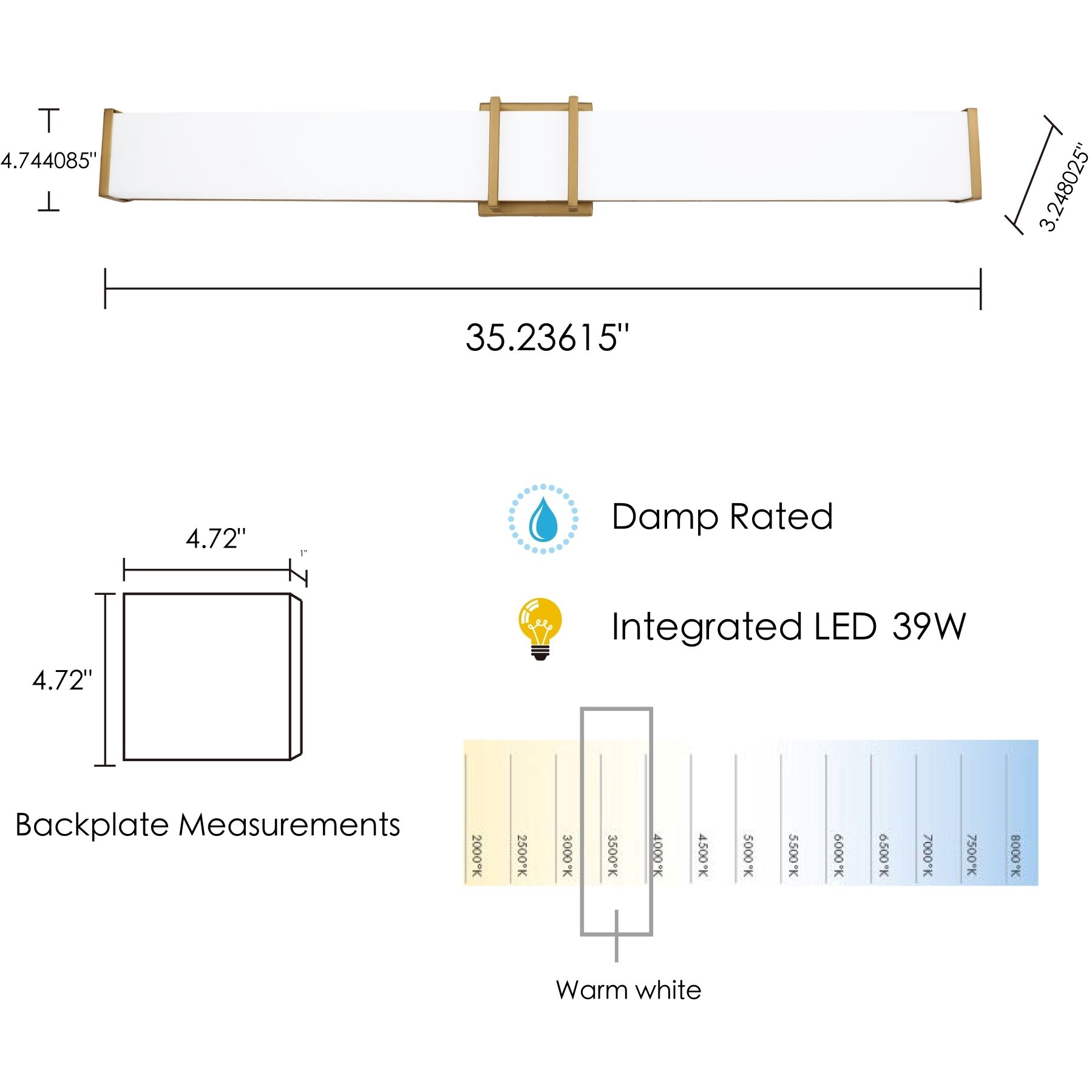 Tomero LED 35.24 inch Brushed Gold Bath Vanity Wall Light
