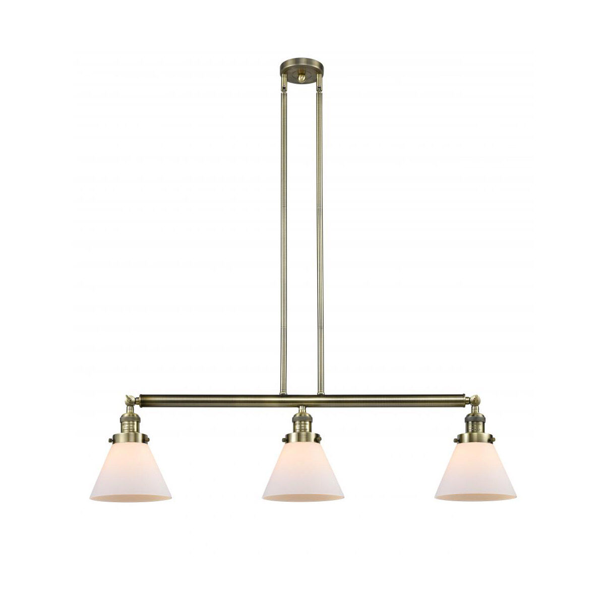 Franklin Restoration Large Cone 3 Light 40 inch Antique Brass Island Light Ceiling Light in Incandescent, Matte White Glass, Franklin Restoration