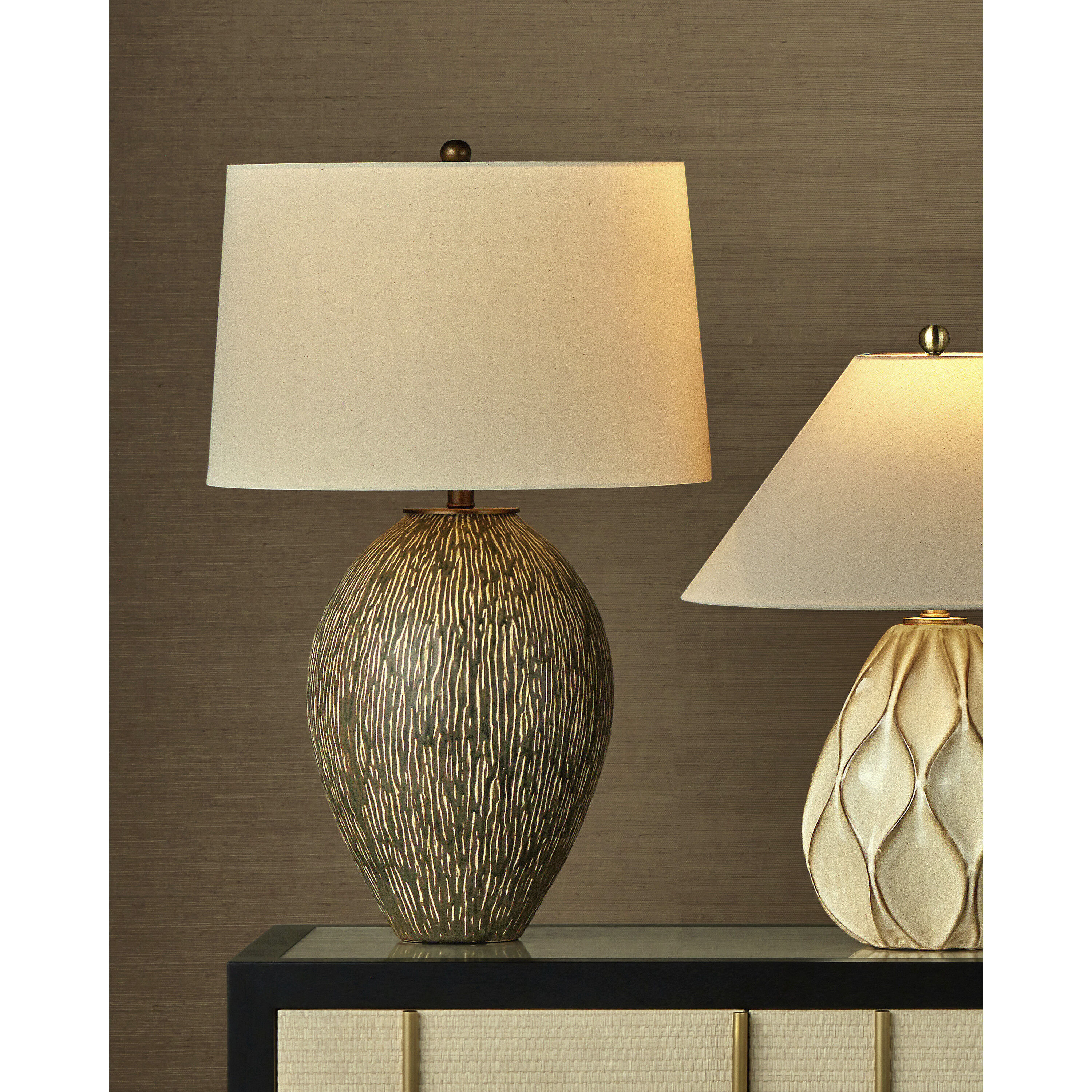 Hildreth 29.75 inch 150 watt Olive Green/Beige/Off-White/Antique Brass Table Lamp Portable Light