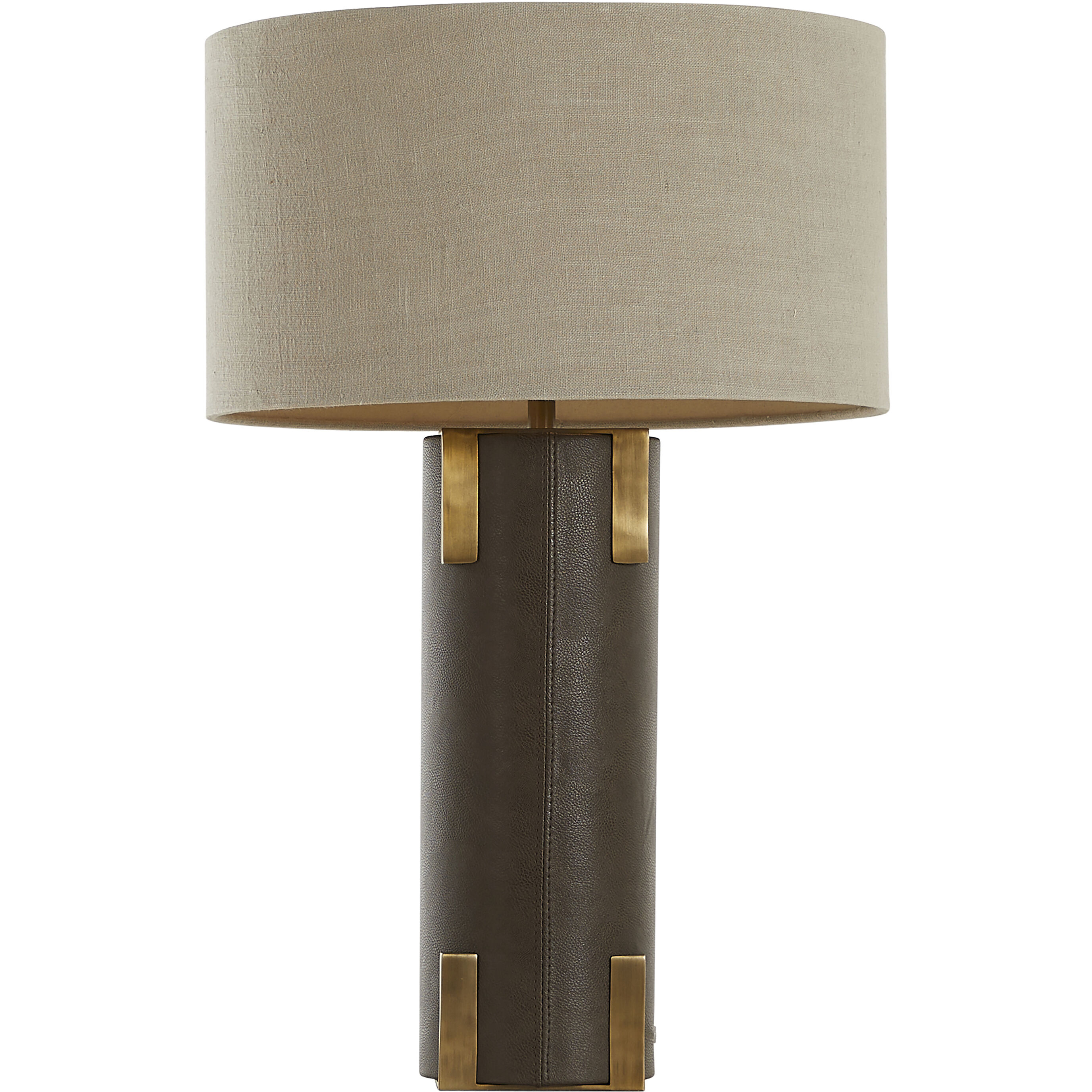 Bronx 29 inch Brushed Antique Brass and Dark Brown Leather with Beige Linen Table Lamp Portable Light