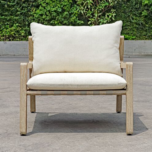 Strapped Ivory Rattan and Cerused Wheat Mahogany Wood Outdoor Lounge Chair