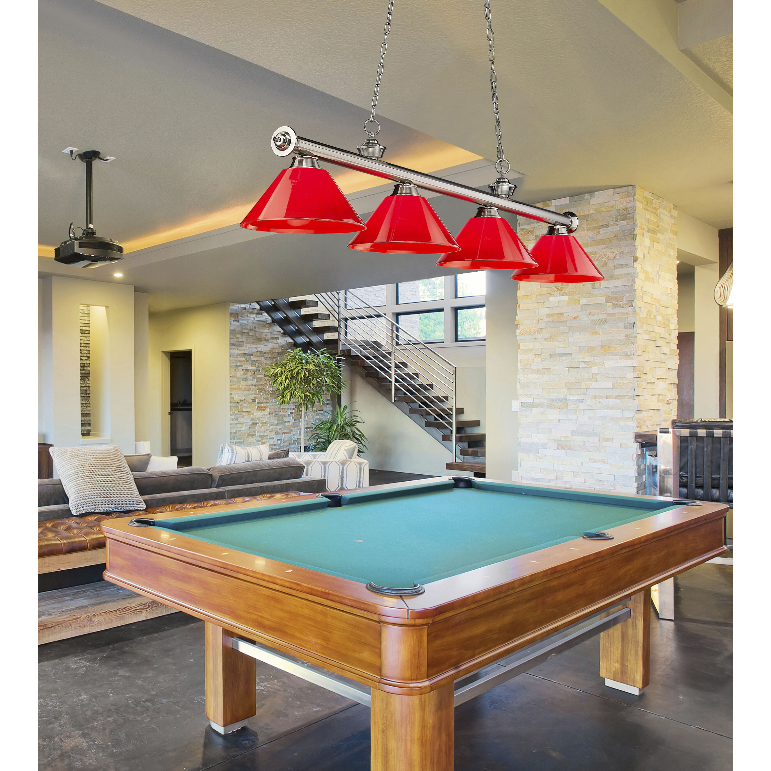 Cordon 4 Light 81.25 inch Brushed Nickel Billiard Ceiling Light in Red Plastic