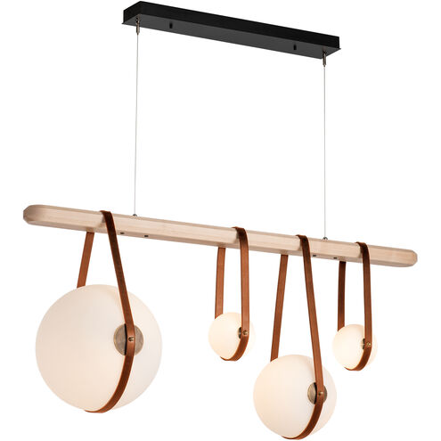 Derby LED 52 inch Black and Antique Brass Linear Pendant Ceiling Light in Black/Antique Brass, Chestnut Leather with Maple Natural