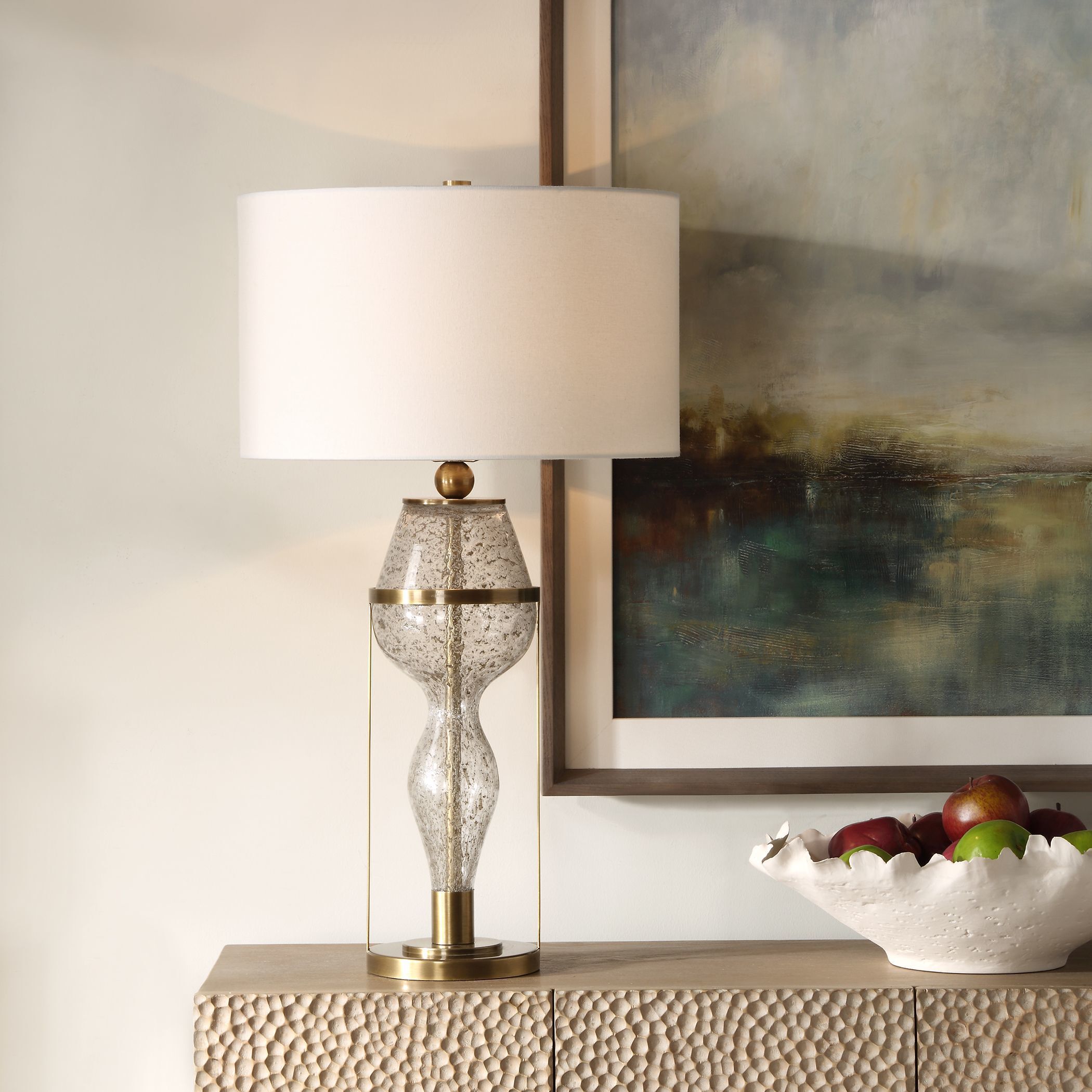 Out Of Time 29.75 inch 150.00 watt Seeded Glass with Gray Flecks and Antiqued Brass Table Lamp Portable Light