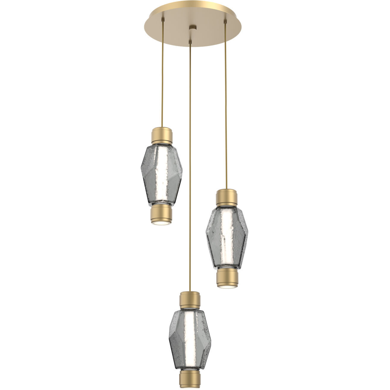 Gem Mandrel LED Gilded Brass Multi Pendant Chandelier Ceiling Light in 3000K LED, Smoke Blown Glass