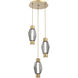 Gem Mandrel LED Gilded Brass Multi Pendant Chandelier Ceiling Light in 3000K LED, Smoke Blown Glass