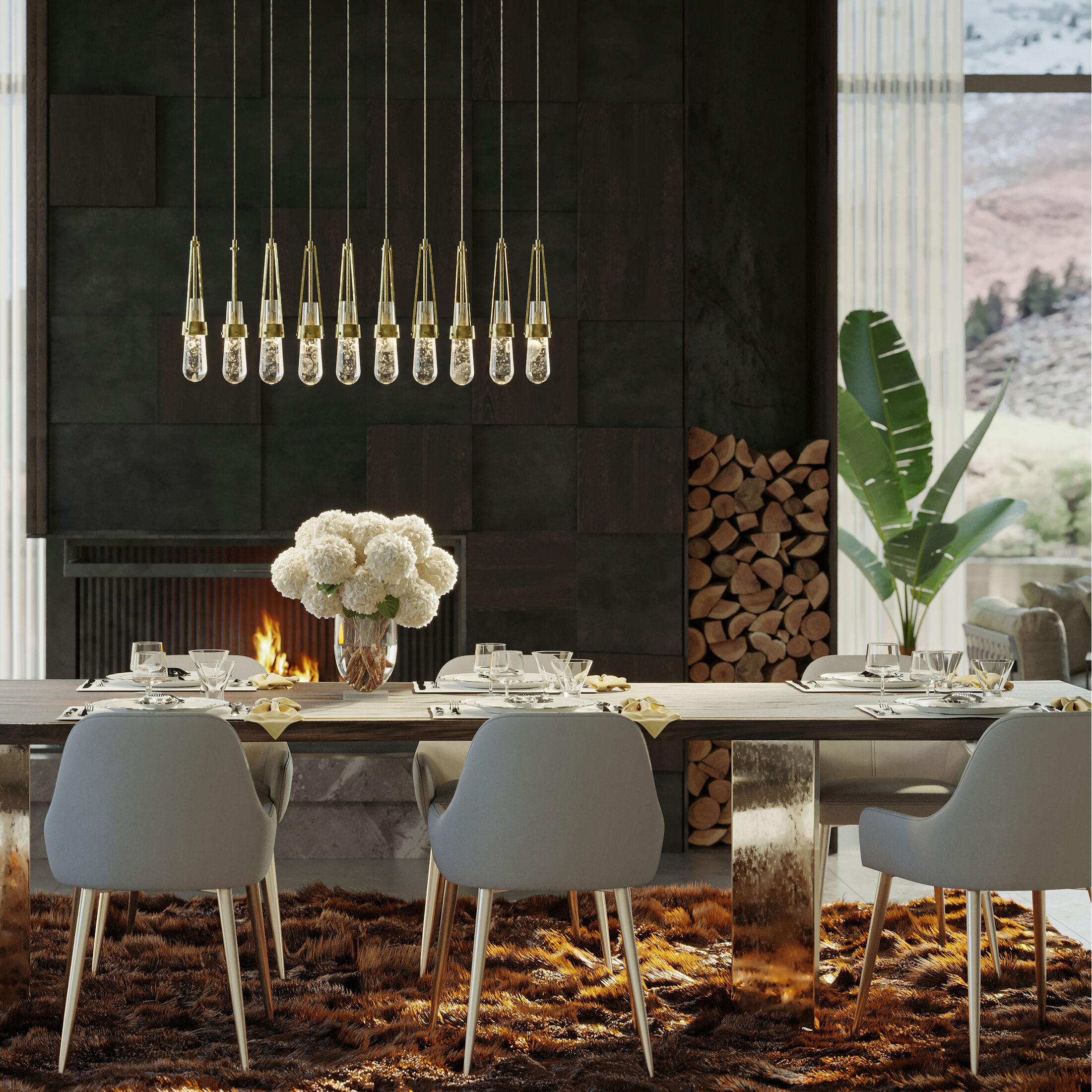 Link 10 Light 44.5 inch Modern Brass Pendant Ceiling Light in Clear with White Threading, Rectangular