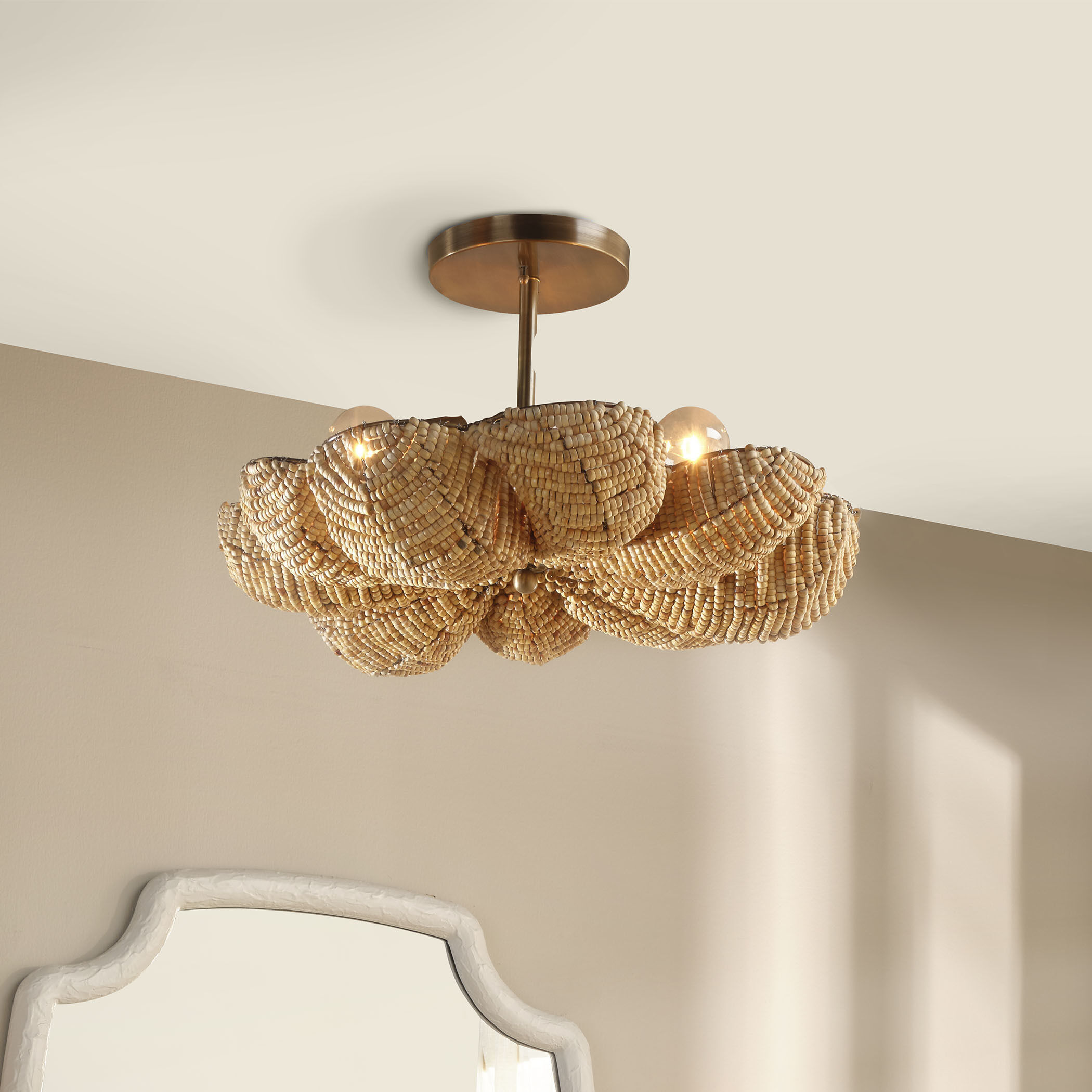 Anguilla LED 26 inch Antique Brass Semi-Flush Mount Ceiling Light in Natural Wood Beads, Inline