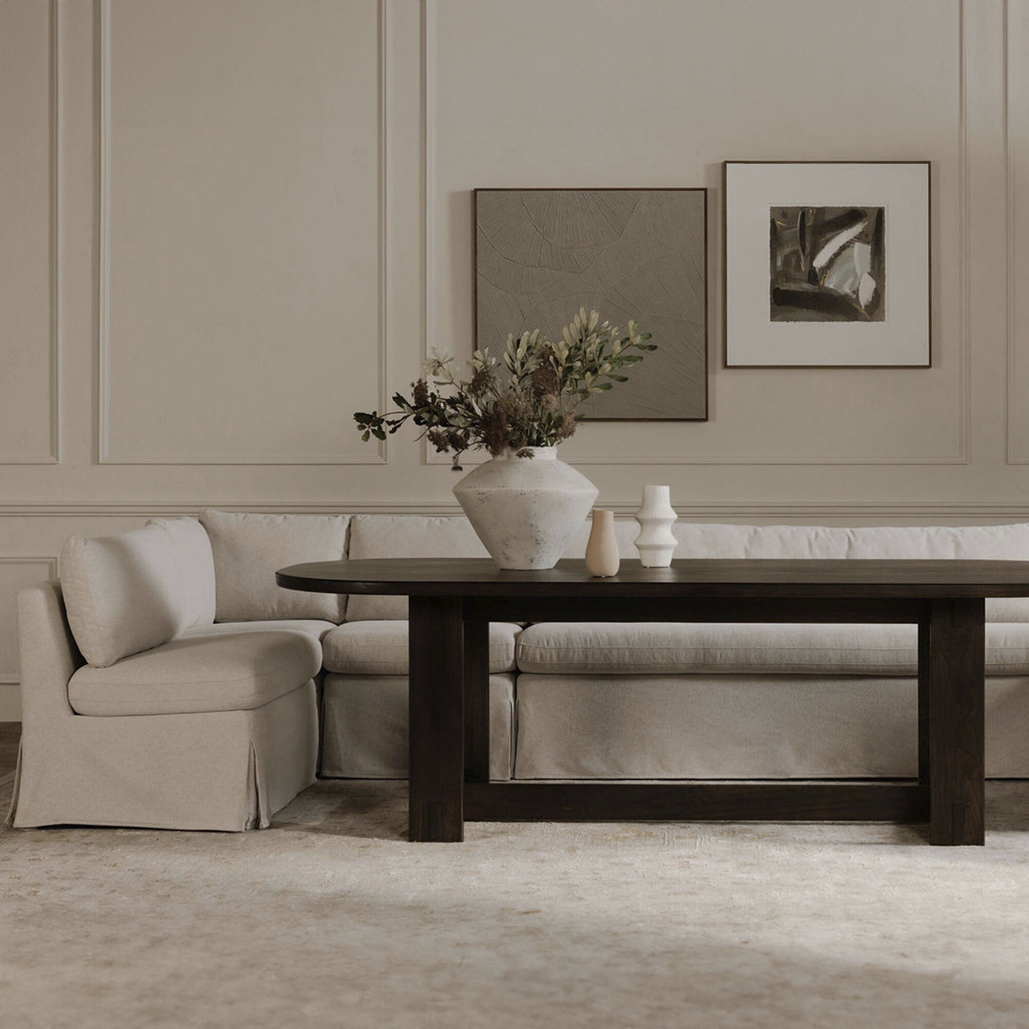 Fable Beige Slipcover Dining Banquette, L-Shape