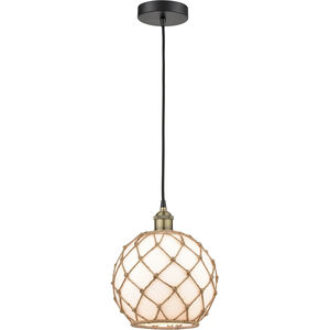 Edison 1 Light 10 inch Black Antique Brass Mini Pendant Ceiling Light in White Glass with Brown Rope