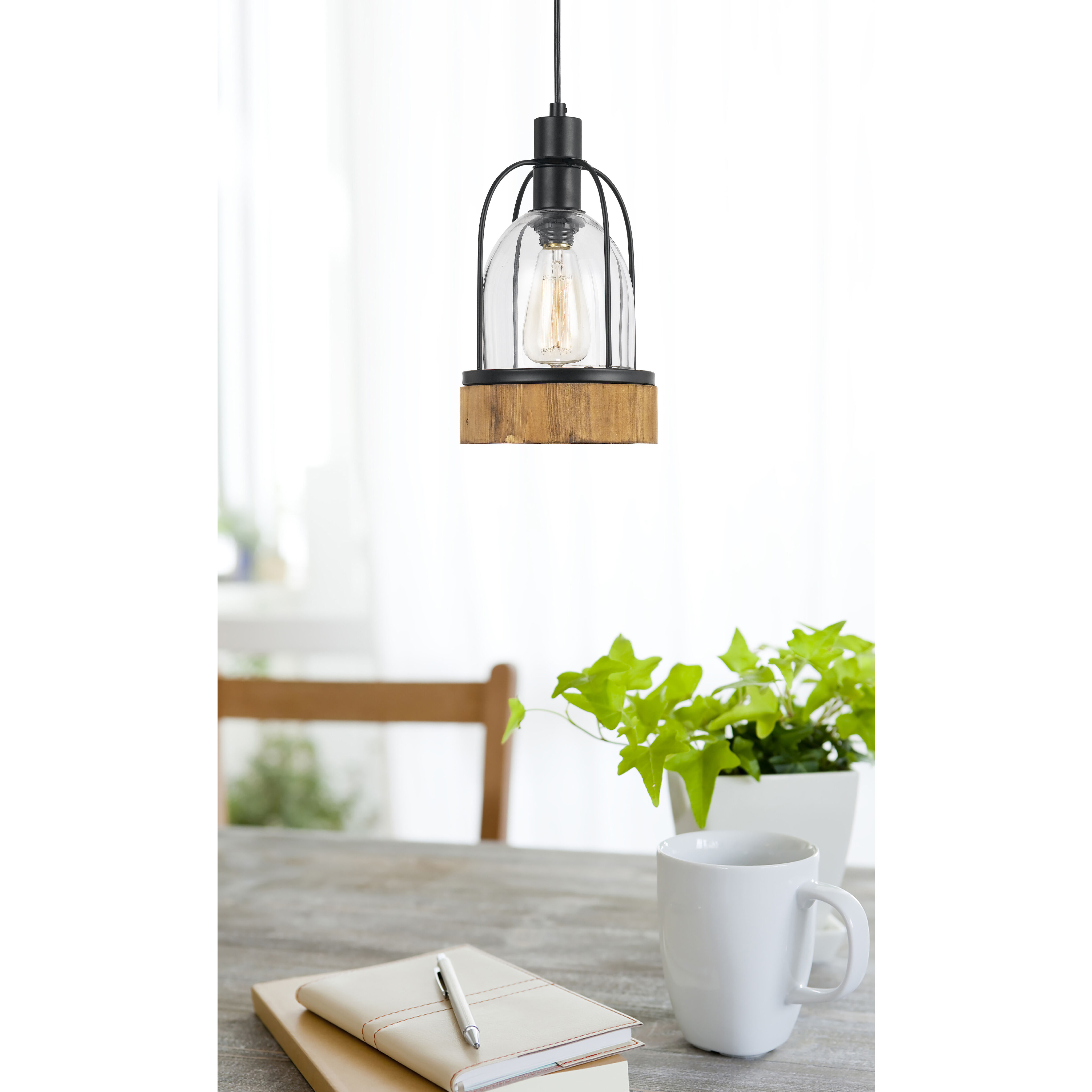 Beacon 1 Light 7 inch Black and Wood Pendant Ceiling Light