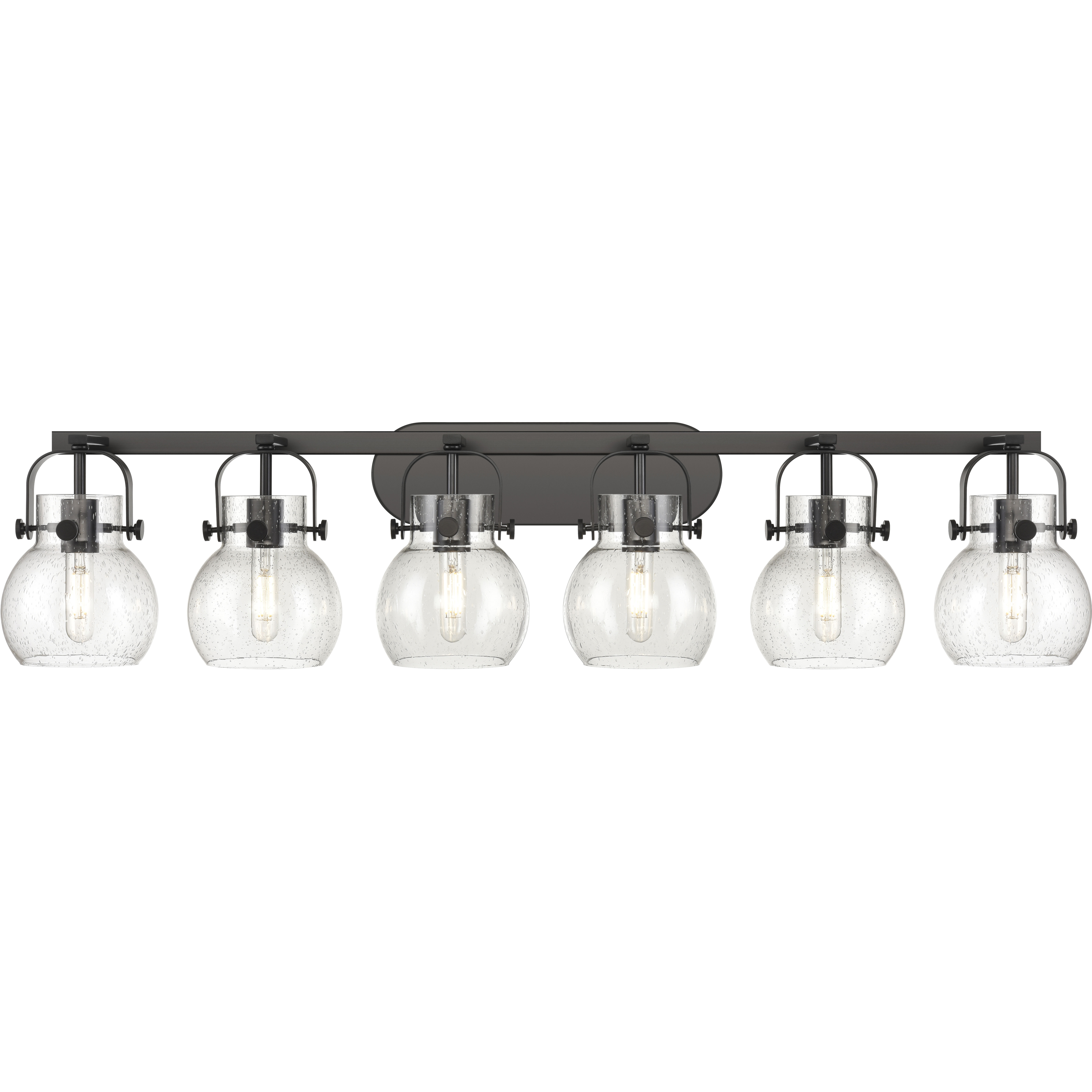 Pilaster II Sphere 6 Light 45.5 inch Matte Black Bath Vanity Light Wall Light in Seedy Glass