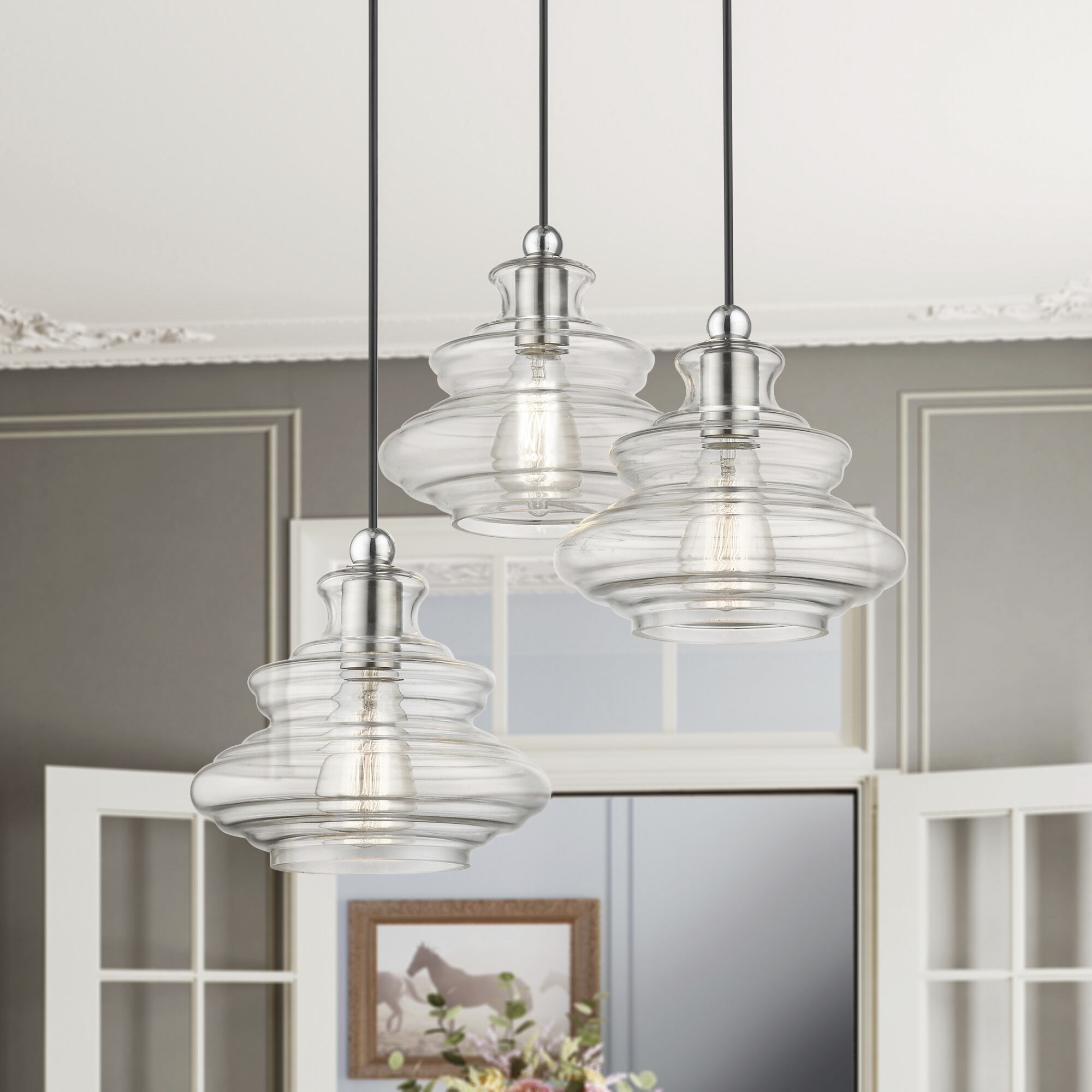 Everett 3 Light 20 inch Brushed Nickel with Chrome Finish Accents Pendant Chandelier Ceiling Light