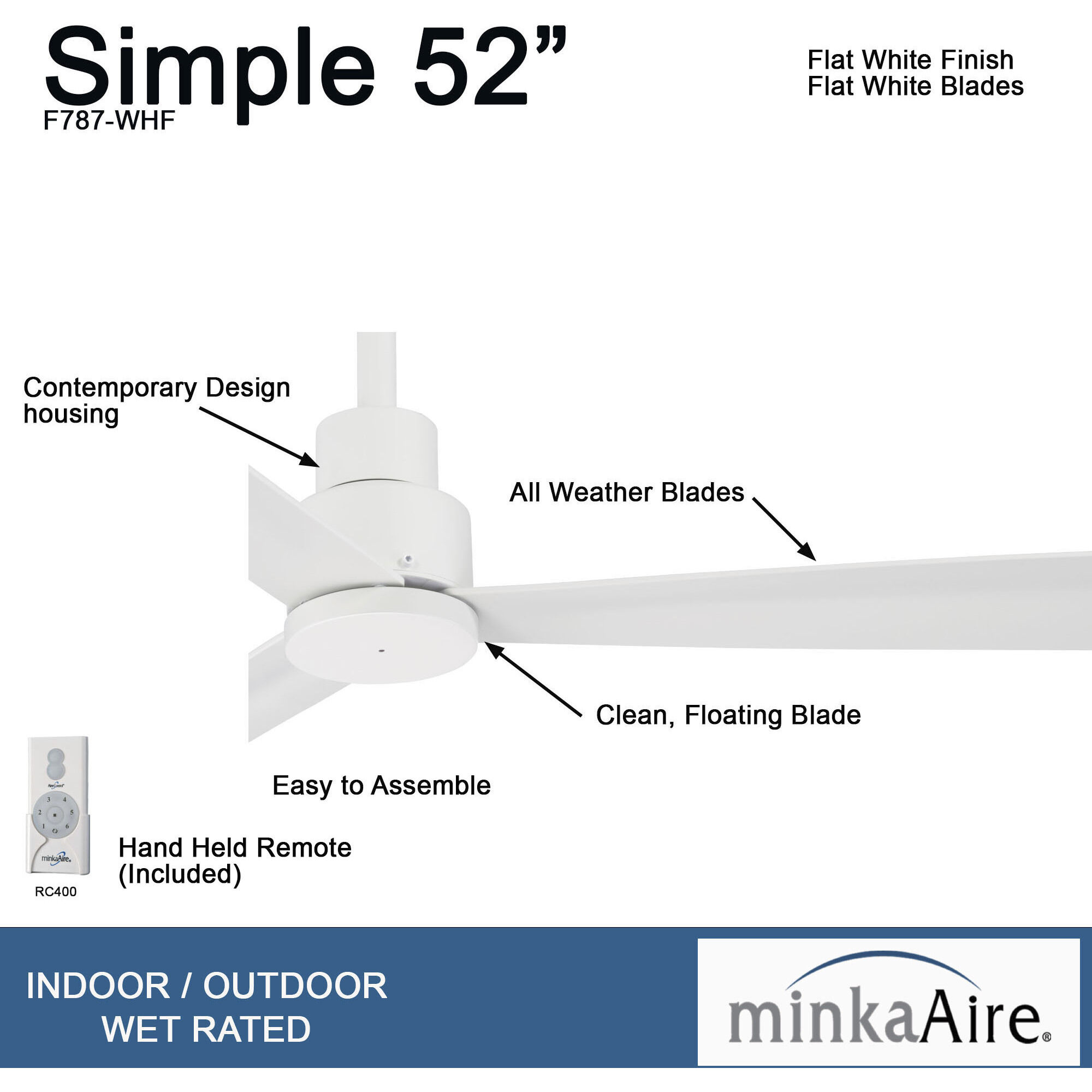 Simple 52 inch Flat White Outdoor Ceiling Fan