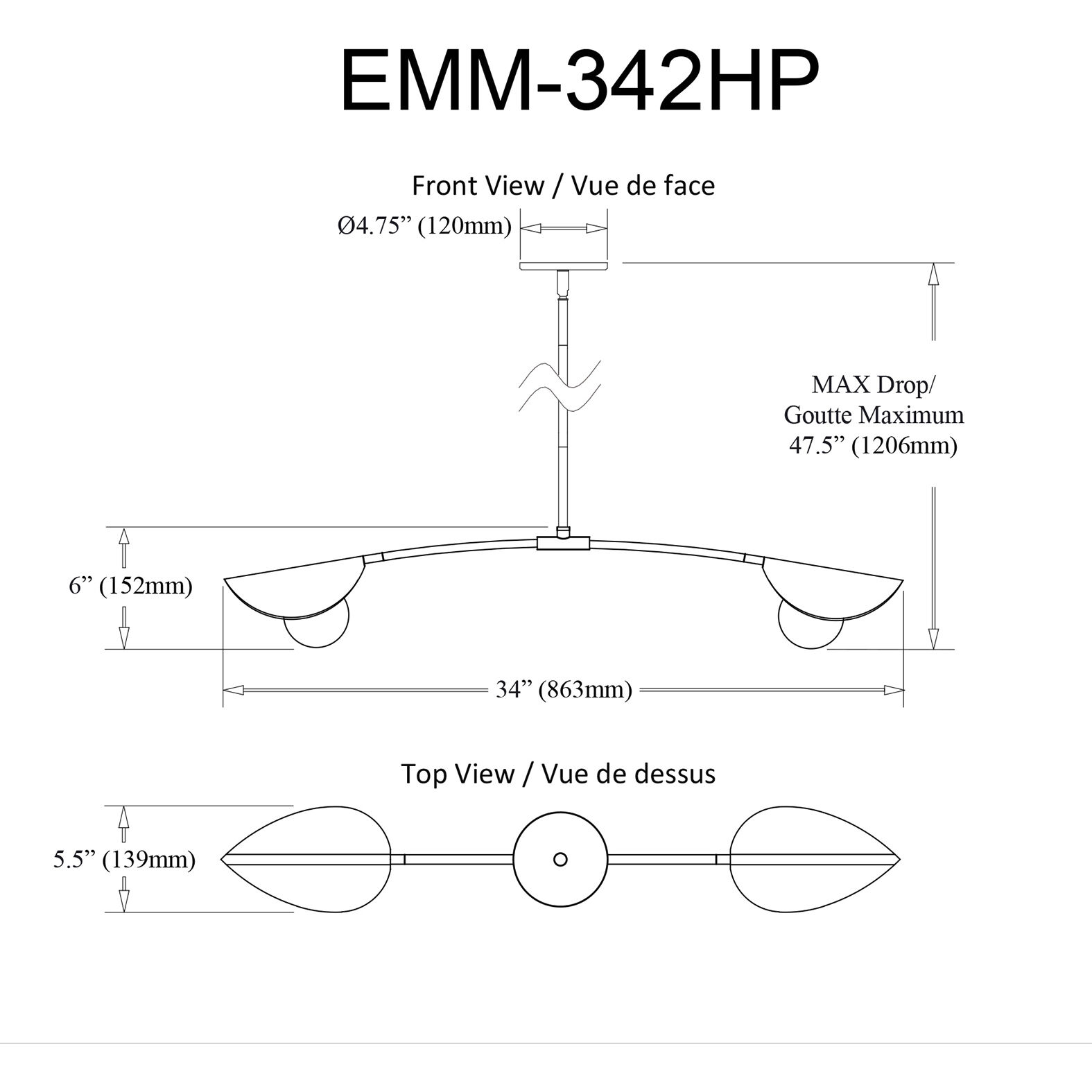 Emma 2 Light 34 inch Matte Black with Aged Brass Horizontal Pendant Ceiling Light