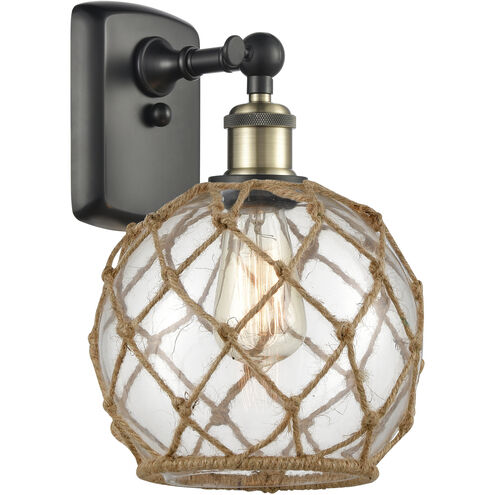 Ballston Farmhouse Rope LED 8 inch Black Antique Brass Sconce Wall Light in Clear Glass with Brown Rope, Ballston