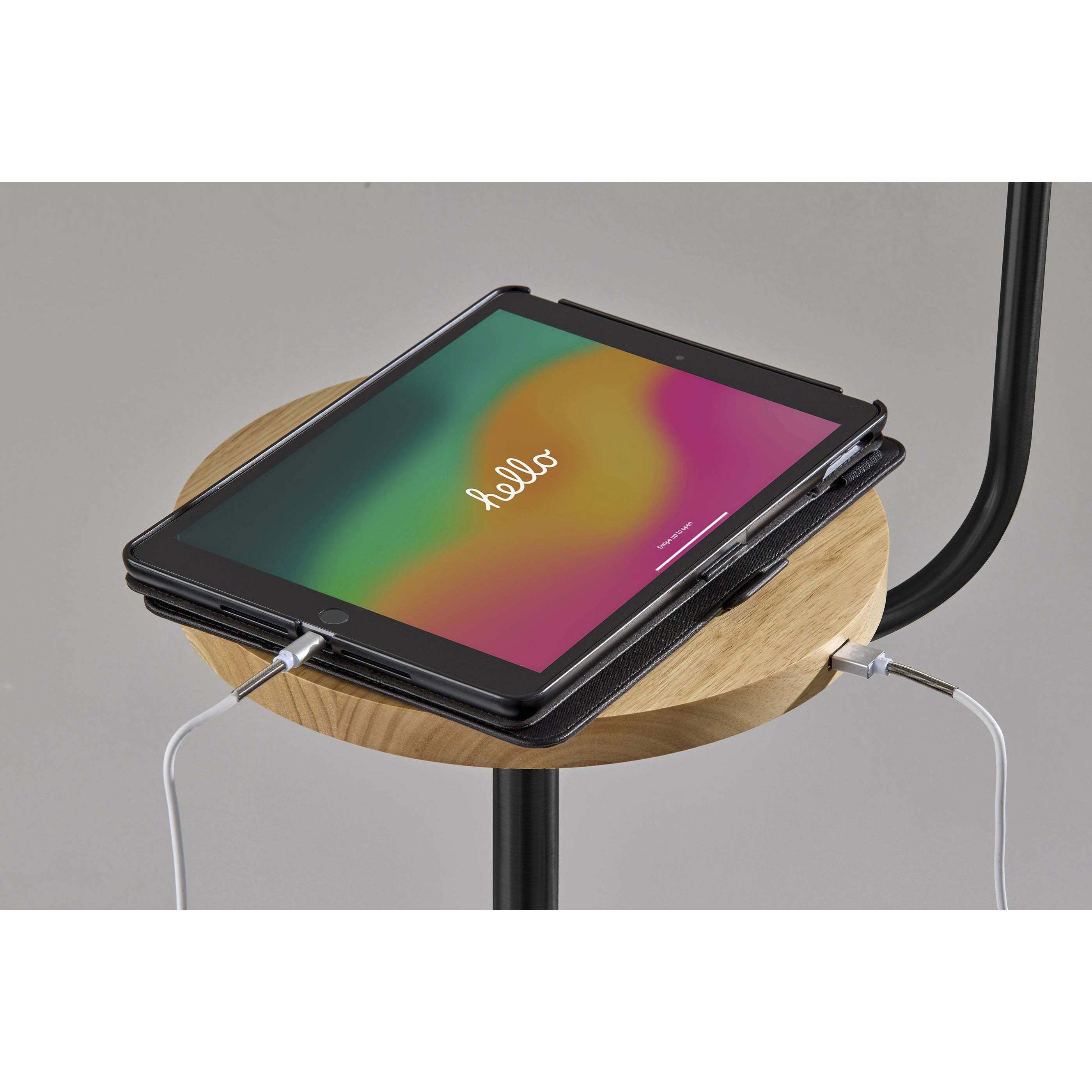 Caldwell 62 inch 100.00 watt Black and Natural Wood Shelf Floor Lamp Portable Light