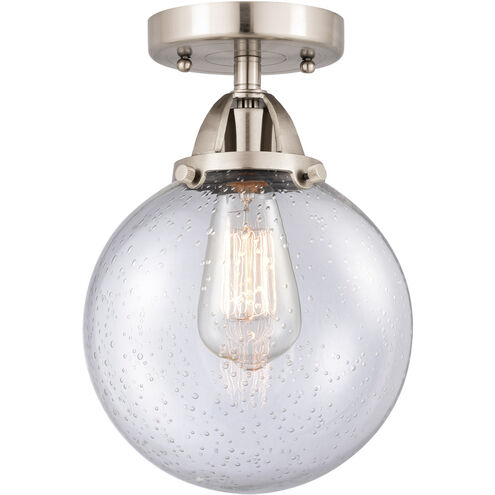 Nouveau 2 Beacon 1 Light 8 inch Brushed Satin Nickel Semi-Flush Mount Ceiling Light in Seedy Glass