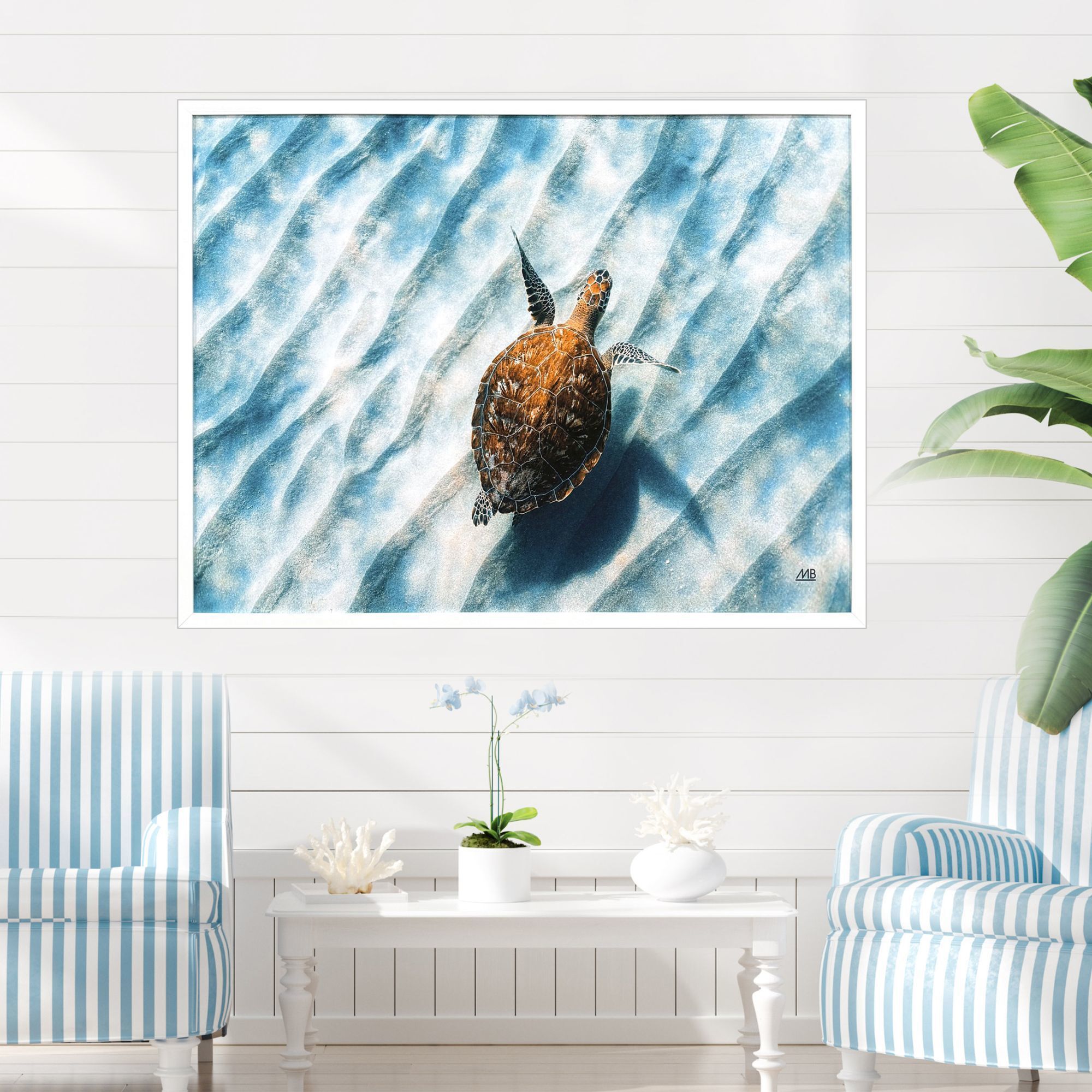 Sandbar Sea Turtle Blue and Brown and Turquoise and Teal Framed Art