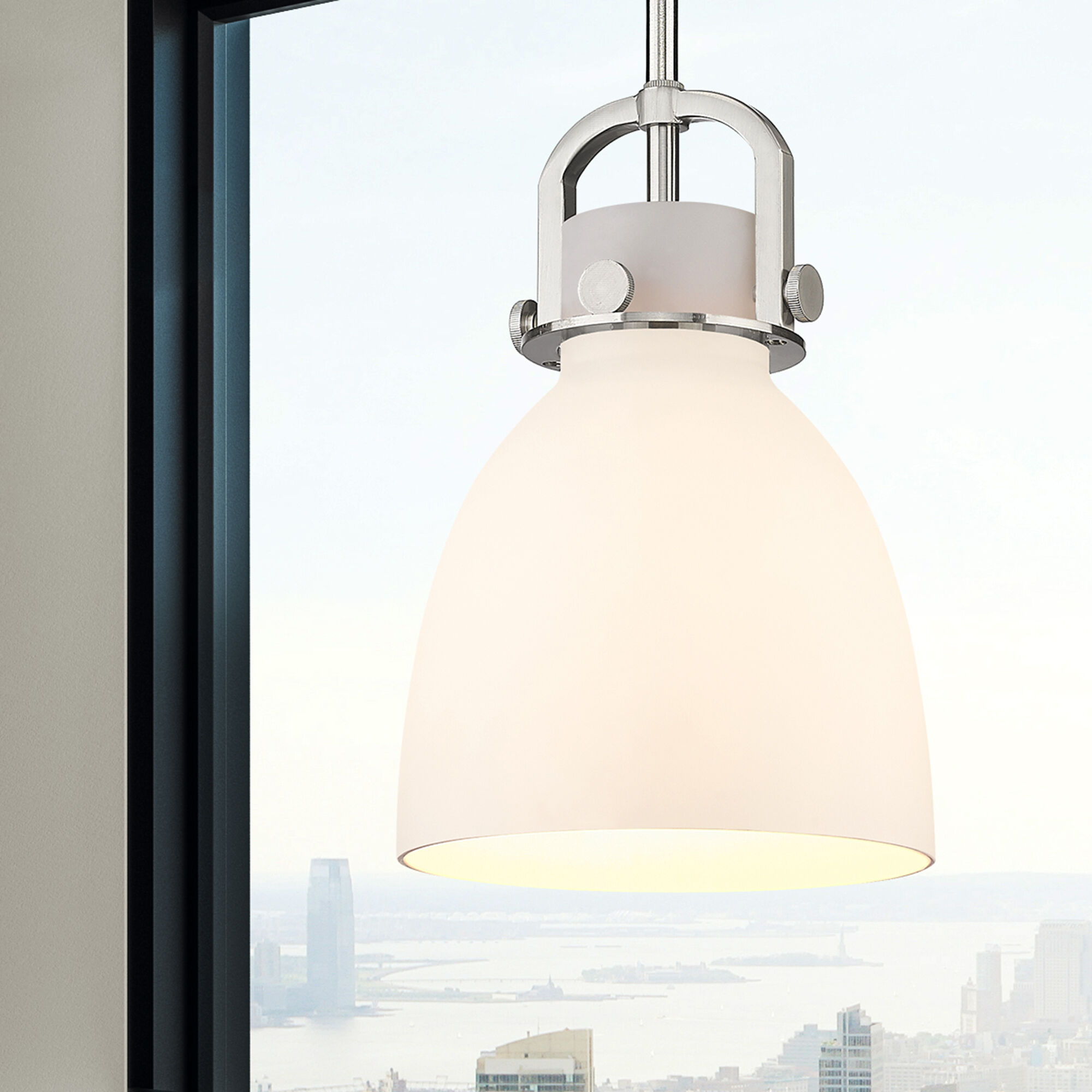 Newton Bell 1 Light 8 inch Satin Nickel Mini Pendant Ceiling Light in Matte White Glass