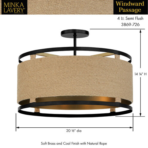 Windward Passage 4 Light 21 inch Coal And Soft Brass Semi-Flush Ceiling Light