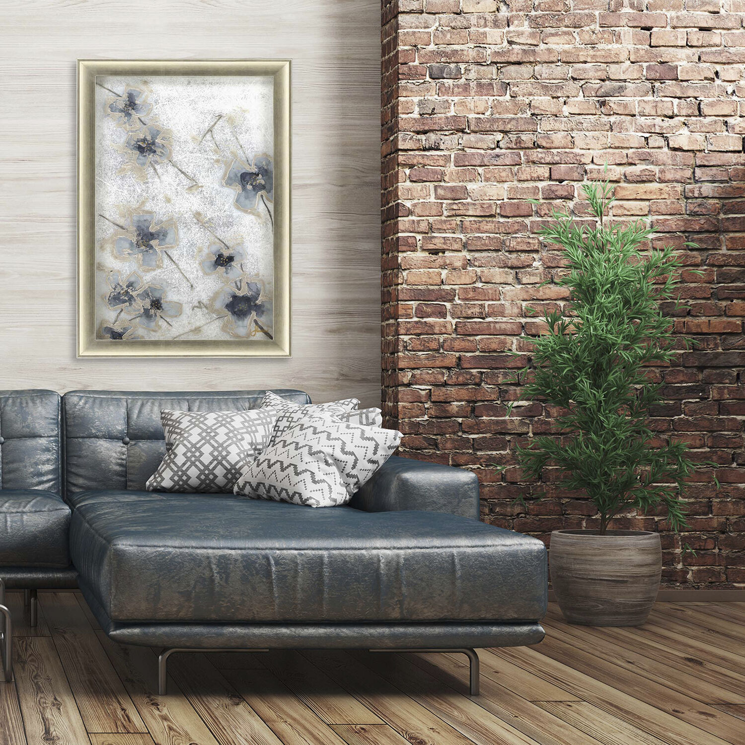 Serene Blossoms 2549 Blue and Beige and Metallic and Brown Framed Art, The Studio