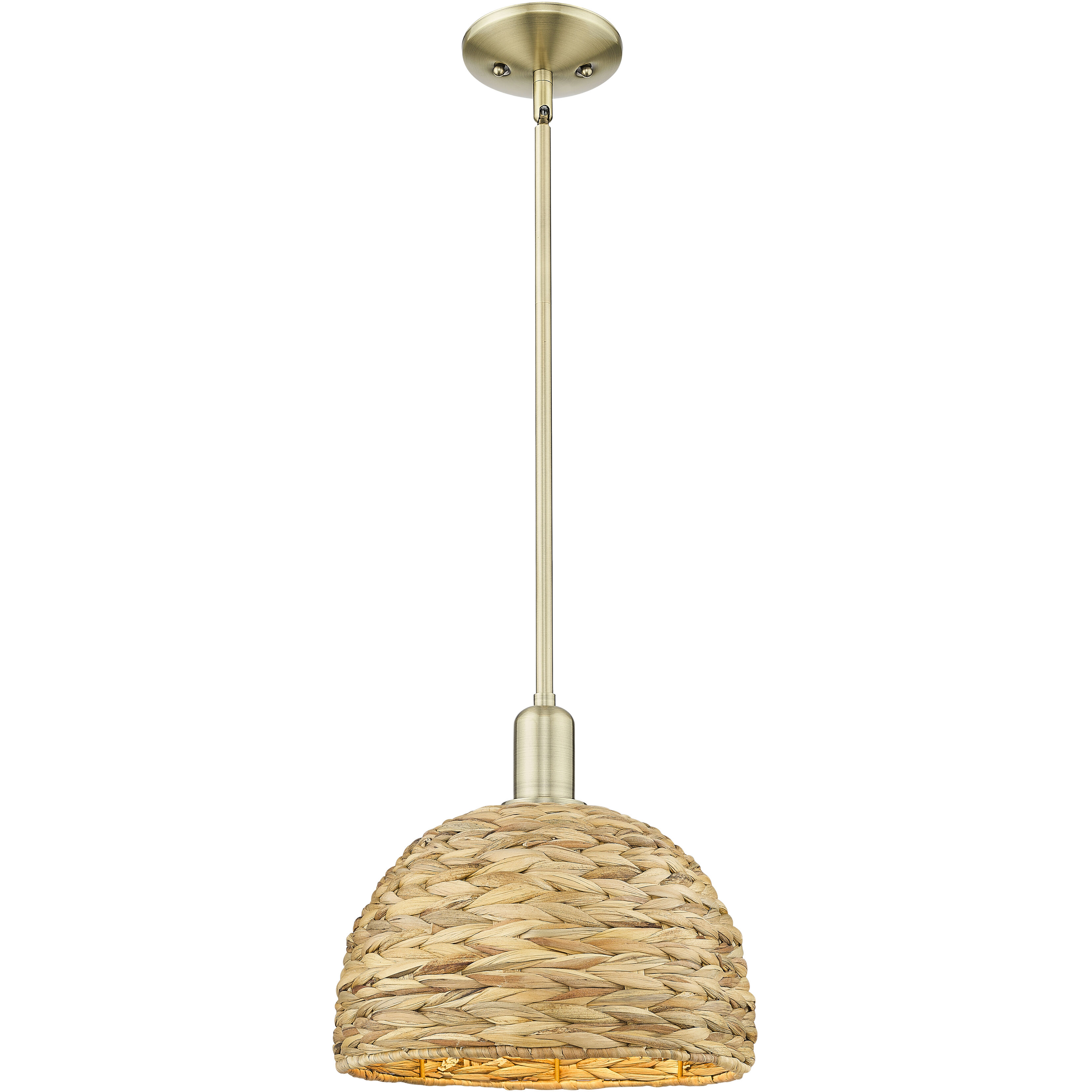 Arcadia Woven Rattan 1 Light 12 inch Antique Brass Mini Pendant Ceiling Light
